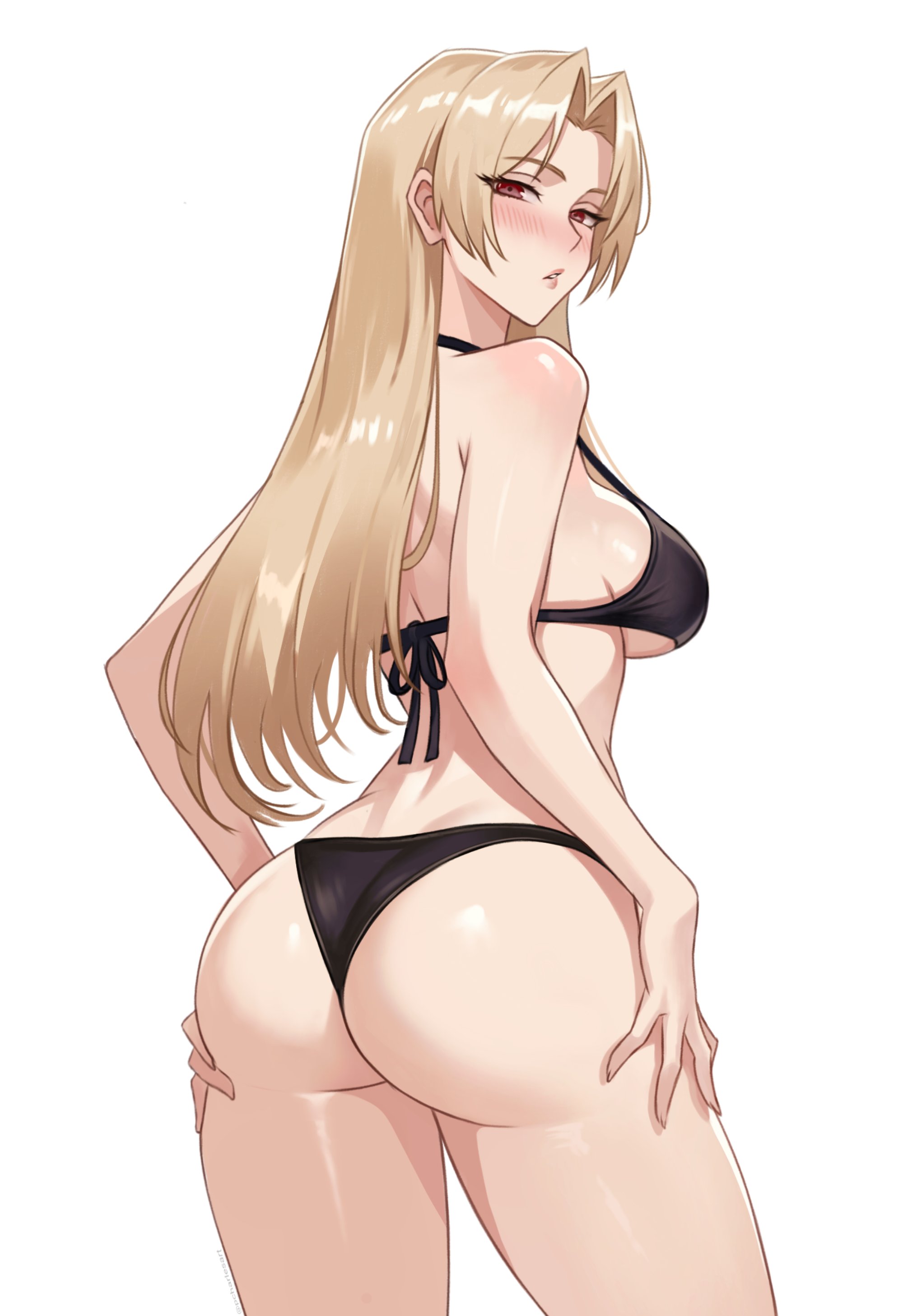 1girl, absurdres, ass, bare shoulders, bikini, black bikini, blonde hair, blush, breasts, brown eyes, charlesart, cowboy shot, from behind, highres, jujutsu kaisen, looking at viewer, medium breasts, pcharlesart, simple background, solo, swimsuit, tsukumo yuki (jujutsu kaisen), white background, yuki tsukumo