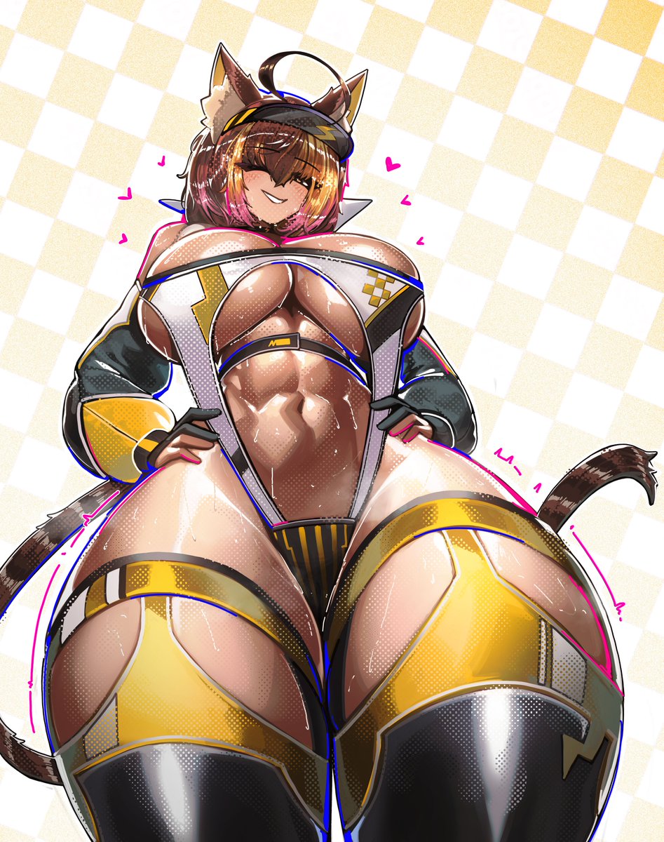 1girls, abs, animal ears, big breasts, big thighs, cat ears, cat tail, catgirl, female, female only, fit female, franzilla, huge breasts, looking at viewer, multicolored hair, nekoyo chloe, open clothes, race queen, sexy, sexy body, sexy pose, solo, sweat, tan skin, thick thighs, virtual youtuber, voluptuous, voluptuous female, wide hips