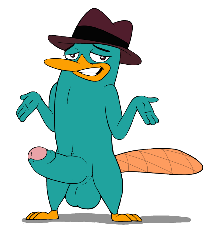 anthro big_penis dlirost erection foreskin full-length_portrait full_length fur glans hat humanoid_penis male male_only mammal monotreme nude partially_retracted_foreskin penis perry_the_platypus phineas_and_ferb platypus portrait shrug solo standing teal_fur uncut