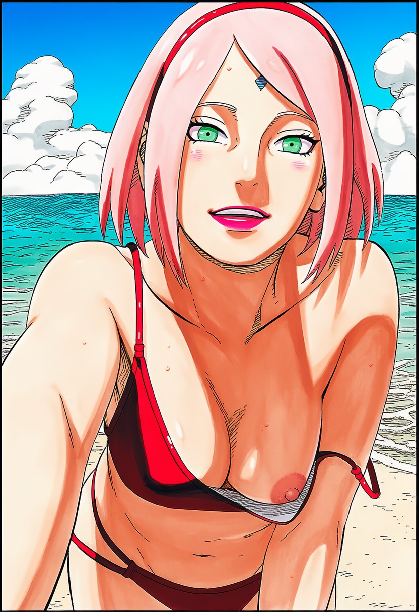 1girls, accurate art style, accurate body type, ai generated, areola, bare shoulders, beach, belly button, bikini bottom, bikini top, blue sky, blush, blush lines, boruto: naruto next generations, breast slip, breasts, cleavage, clothing, cloud, collarbone, crotch, day, erect nipples, exposed breasts, facing viewer, female focus, female only, forehead jewel, forehead mark, full color, green eyes, hairband, high resolution, highres, leaning forward, light skin, light-skinned female, line art, lipstick, looking at viewer, manga style, masashi kishimoto style, mature female, medium breasts, midriff, milf, naruto, naruto (series), navel, nipple slip, nipples, ocean, official style, one breast out, open clothes, outdoors, parted bangs, parted lips, pink hair, pink nipples, reaching towards viewer, red bikini, red hairband, sakura haruno, sand, scenery, shiny hair, shiny skin, short hair, sky, smile, soft shading, solo, solo focus, standing, strap slip, swimsuit, teeth, teeth showing, thin eyebrows, uchiha sakura, waifu, wardrobe malfunction, water, wet, wet body, wet skin