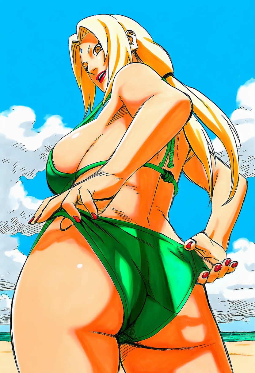 1girls, accurate art style, adjusting clothes, adjusting swimsuit, ai generated, ass, ass focus, back, bare shoulders, bikini, bikini bottom, bikini pull, blonde female, blonde hair, blue sky, breasts, brown eyes, busty, clothing, cloud, collarbone, colored nails, cowboy shot, day, facial mark, female focus, female only, forehead jewel, forehead mark, from behind, full color, green bikini, hair tie, high resolution, highres, huge breasts, large breasts, light skin, light-skinned female, line art, lipstick, long hair, looking at viewer, looking back, looking back at viewer, low-angle view, manga style, masashi kishimoto style, mature female, nail polish, naruto, naruto (series), naruto shippuden, ocean, official style, open mouth, orange eyes, outdoors, parted lips, pulling clothing, red lipstick, red nails, sand, shiny hair, shiny skin, short eyebrows, sideboob, sky, smile, soft shading, solo, solo focus, standing, swimsuit, teeth, teeth showing, three-quarter view, tsunade, twintails, upper teeth, upper teeth only, voluptuous, voluptuous female, waifu