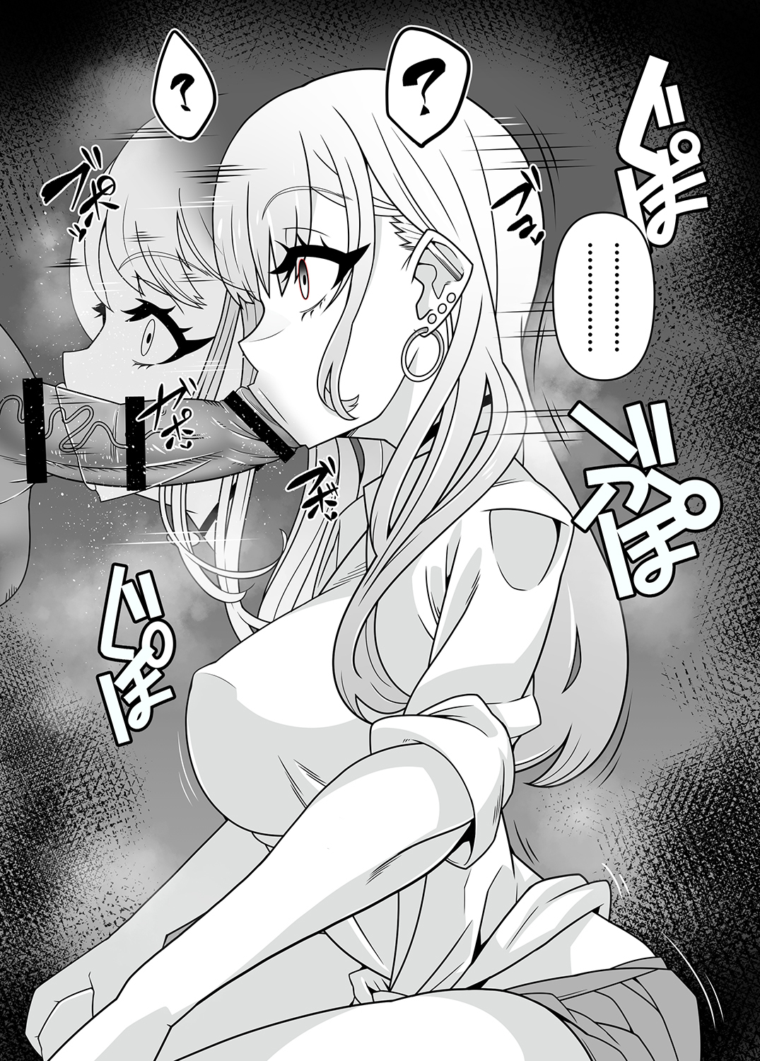 , 1boy, 1girls, belu, blonde hair, blowjob, brainwashed, breasts, choker, ear studs, earrings, empty eyes, erect nipples under clothes, fellatio, greyscale, hypnosis, hypnosis app, japanese text, kitagawa marin, large breasts, long hair, mind control, necktie, penis, phone, pierced ears, school uniform, skirt, sono bisque doll wa koi wo suru, squatting, tech control, tied shirt, translated