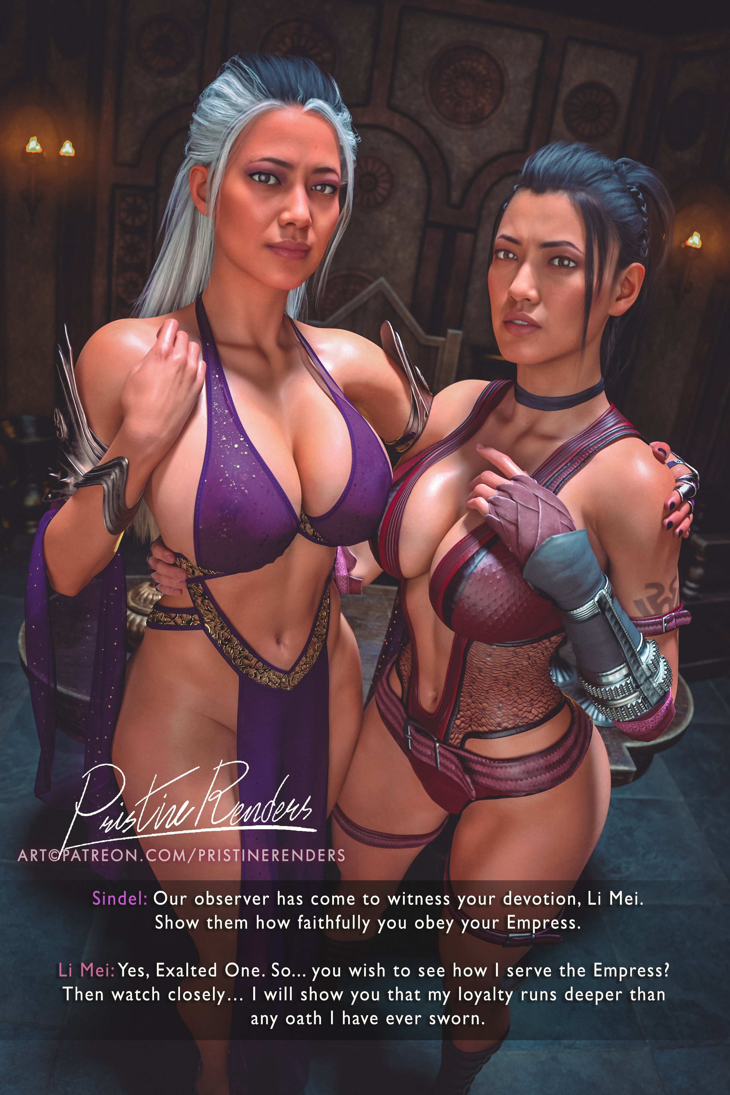 2girls, 3d, abs, ass, big ass, big breasts, bra, breasts, cleavage, female, female only, grey hair, huge ass, huge breasts, li mei, li mei (new era), massive breasts, mature female, milf, mortal kombat, mortal kombat 1 (2023), older female, panties, pristinerenders, queen, sindel, sindel (new era), thick thighs, thighs