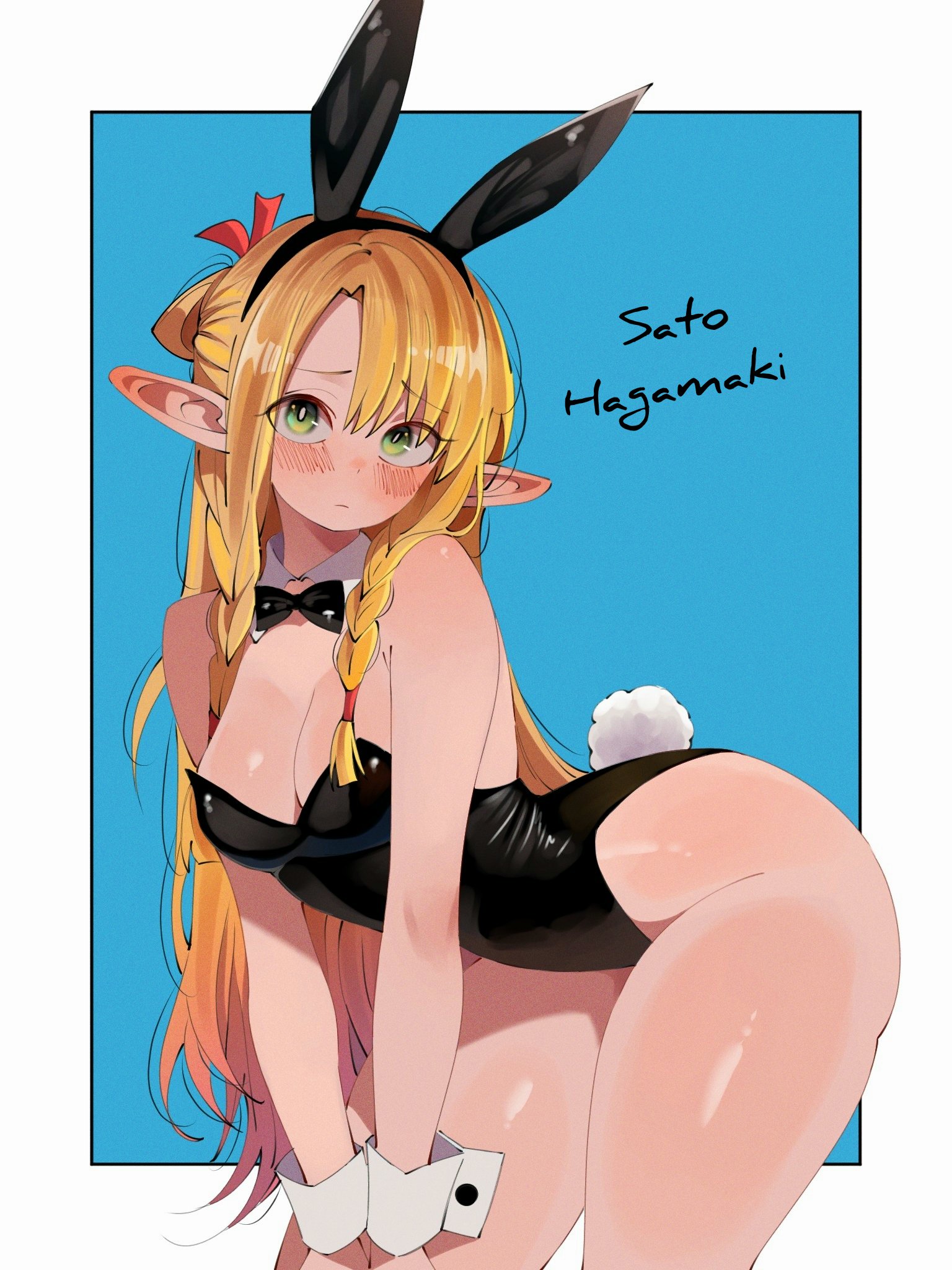 1girls, breasts, bunny ears, bunnysuit, dungeon meshi, female, female focus, female only, large breasts, light skin, light-skinned female, looking at viewer, marcille donato, sato hagamaki, solo, thick thighs, thighs, wide hips