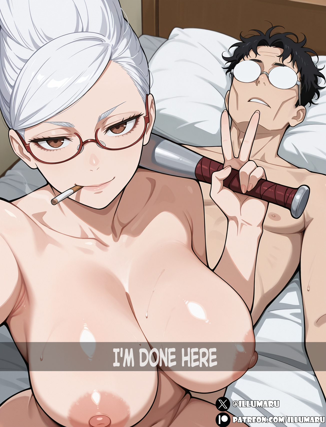 1boy, 1girls, 2026, after sex, ai generated, artist name, ass, ayase seiko, big ass, breasts out, cigarette, completely nude, curvaceous, curvy, curvy body, curvy female, curvy figure, dandadan, detailed, english text, female, female focus, glasses, guy tired after sex (meme), hi res, human, human only, illumaru, large breasts, light skin, light-skinned female, looking at viewer, male, male/female, mature female, meme, nipples, nude, nude female, older female, patreon username, pussy, red eyes, romantic couple, self upload, snapchat, solo, stable diffusion, submissive female, takakura ken (okarun), thick thighs, trend, voluptuous, voluptuous female, white hair, wide hips, younger male