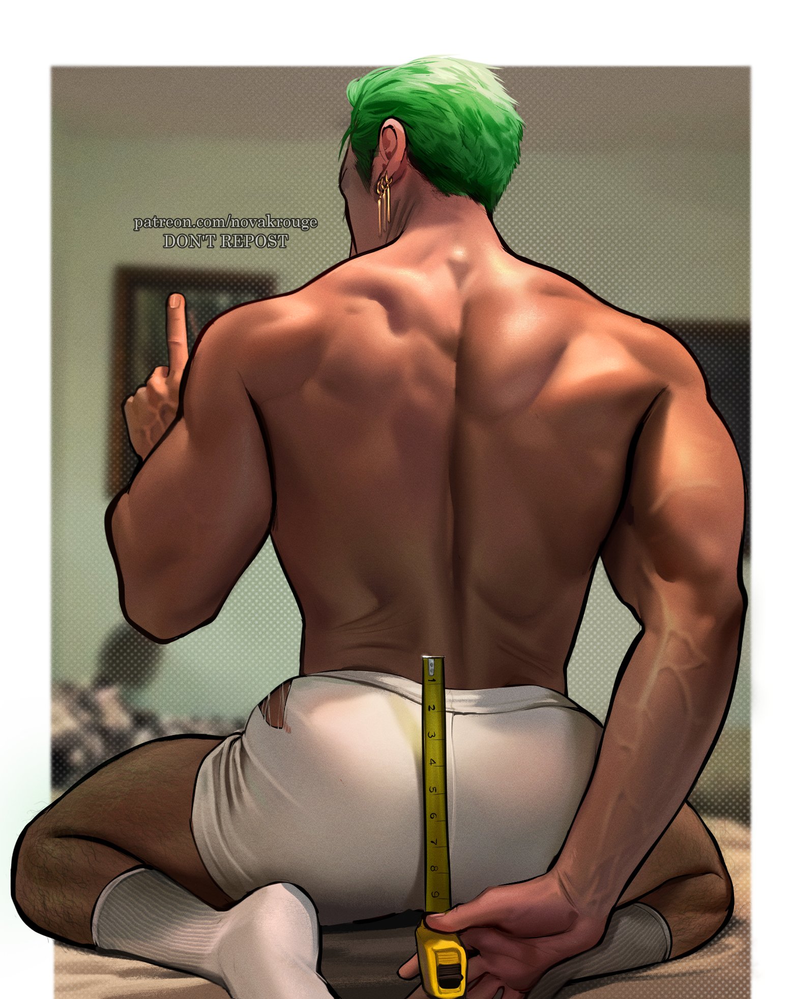 ass, bara, big ass, gay, green hair, male, male ass, male only, muscular bottom, muscular male, novak rouge, one piece, one piece (live action), roronoa zoro, solo, underpants, you may spank it once (meme)