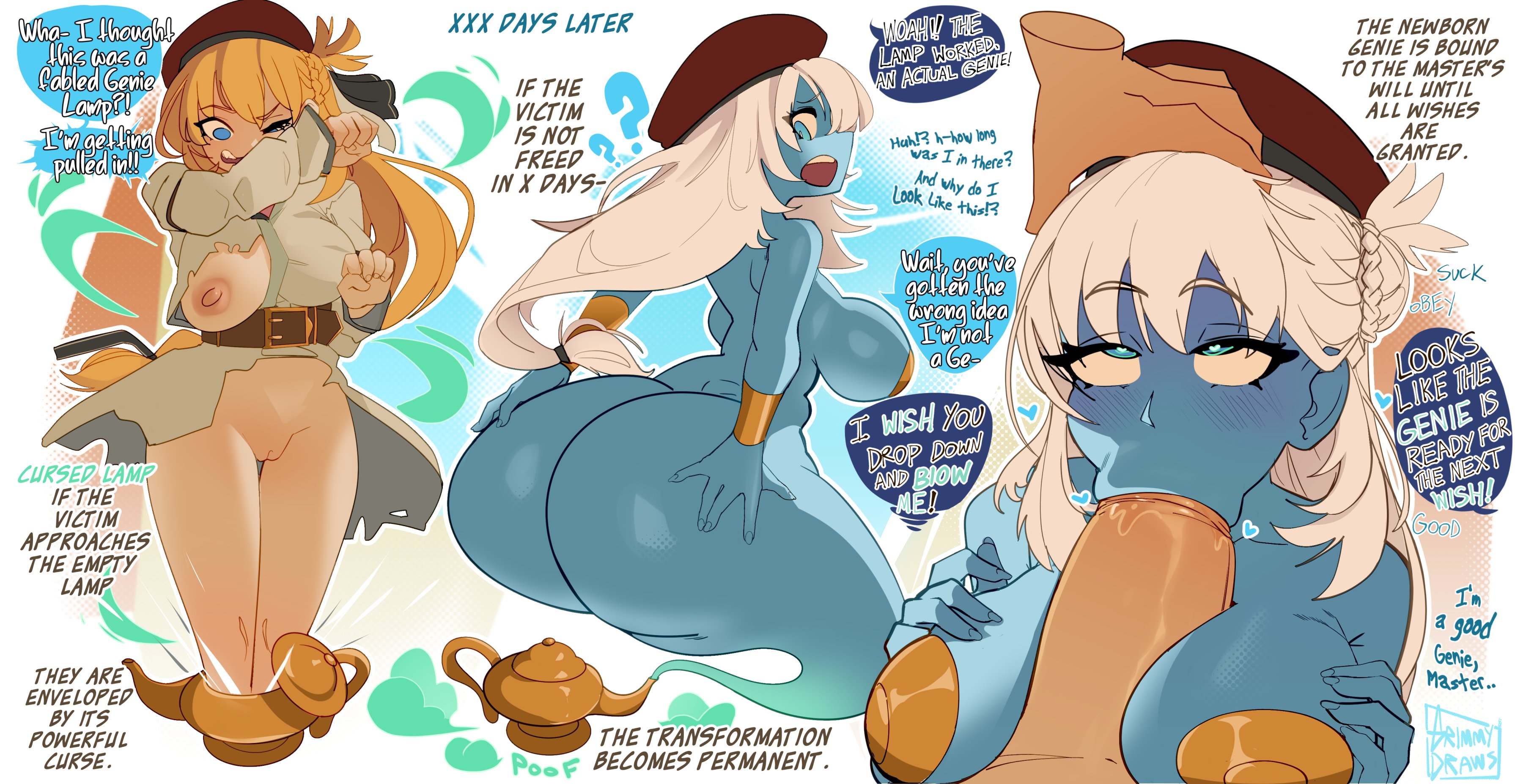 ass bigger than head, ass expansion, blonde hair, blowjob, blue eyes, blue skin, comic, cursed item, female, genie, genie girl, genie lamp, genie tail, genie transformation, geniefied, grimmy, mind control, nipple covers, nipples, no legs, permanent transformation, pussy, text, transformation