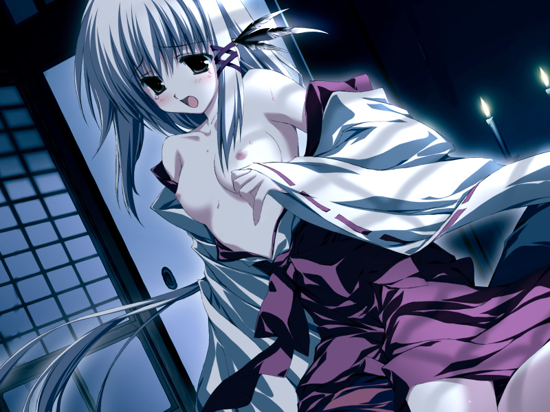 1girls 2000s_(style) bare_shoulders blush breasts candle collarbone feathers game_cg hair_ornament hakama hakama_skirt japanese_clothes long_hair long_sleeves miko motoyon nami_(tousui_kitan) night nipples photoshop_(medium) red_hakama sidelocks skirt small_breasts solo tousui_kitan undressing white_hair x_hair_ornament