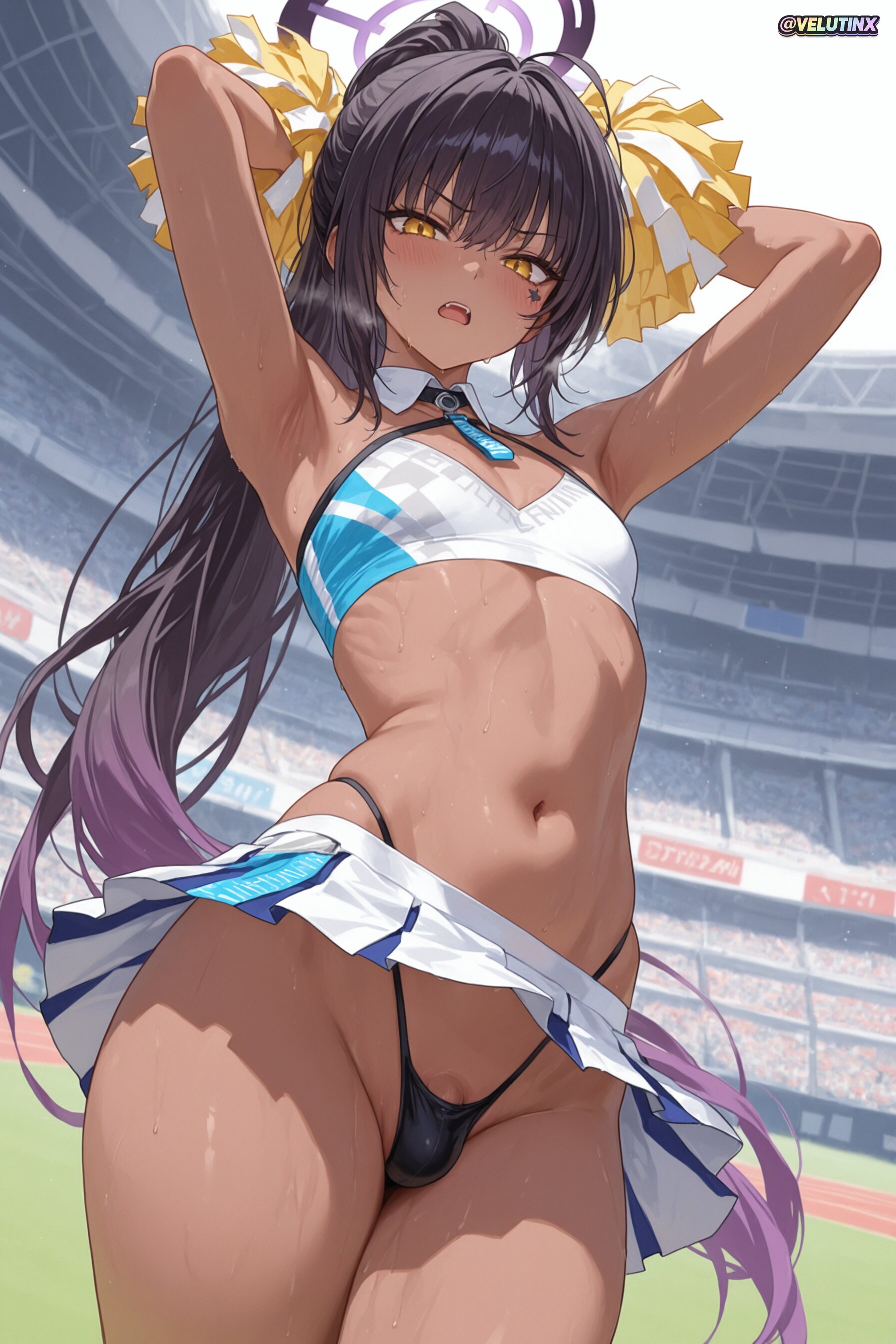 1boy, 1femboy, ai generated, androgynous, armpits, arms behind head, arms up, bangs, bare shoulders, big ass, big thighs, black hair, black panties, blue archive, blush, breath, bubble butt, bulge, cheerleader, cheerleader outfit, cheerleader uniform, cowboy shot, crop top, curvaceous, curvaceous ass, curvaceous body, curvaceous figure, curvaceous hips, curvaceous thighs, curvy, curvy body, curvy figure, curvy hips, curvy male, curvy thighs, dark skin, dark-skinned femboy, dark-skinned male, dark-skinned sissy, dark-skinned twink, detached collar, femboy, femboy focus, femboysub, feminine body, feminine faced male, feminine male, feminization, from below, genderswap, genderswap (ftm), gradient hair, groin, halo, heavy breathing, highleg, highleg panties, holding, holding pom poms, huge ass, huge hips, karin (blue archive), long hair, looking at viewer, male focus, male only, mature, mature male, midriff, millennium cheerleader outfit (blue archive), millennium science school student, miniskirt, multicolored hair, navel, open mouth, otoko no ko, outdoors, paid reward available, panties, pear shaped, pear-shaped figure, pleated skirt, plump thighs, pom pom (cheerleading), ponytail, purple hair, shiny hair, shiny skin, sidelocks, skindentation, skirt, sleeveless, slim waist, solo, solo focus, stadium, standing, stomach, sweat, sweating, sweaty, sweaty body, thick butt, thick hips, thick legs, thick thighs, thighs, thong, tiny penis, trap, underwear, velutinx, very long hair, visible breath, voluptuous, voluptuous body, voluptuous femboy, voluptuous male, watermark, wet skin, white skirt, wide ass, wide hips, wide thighs, yellow eyes