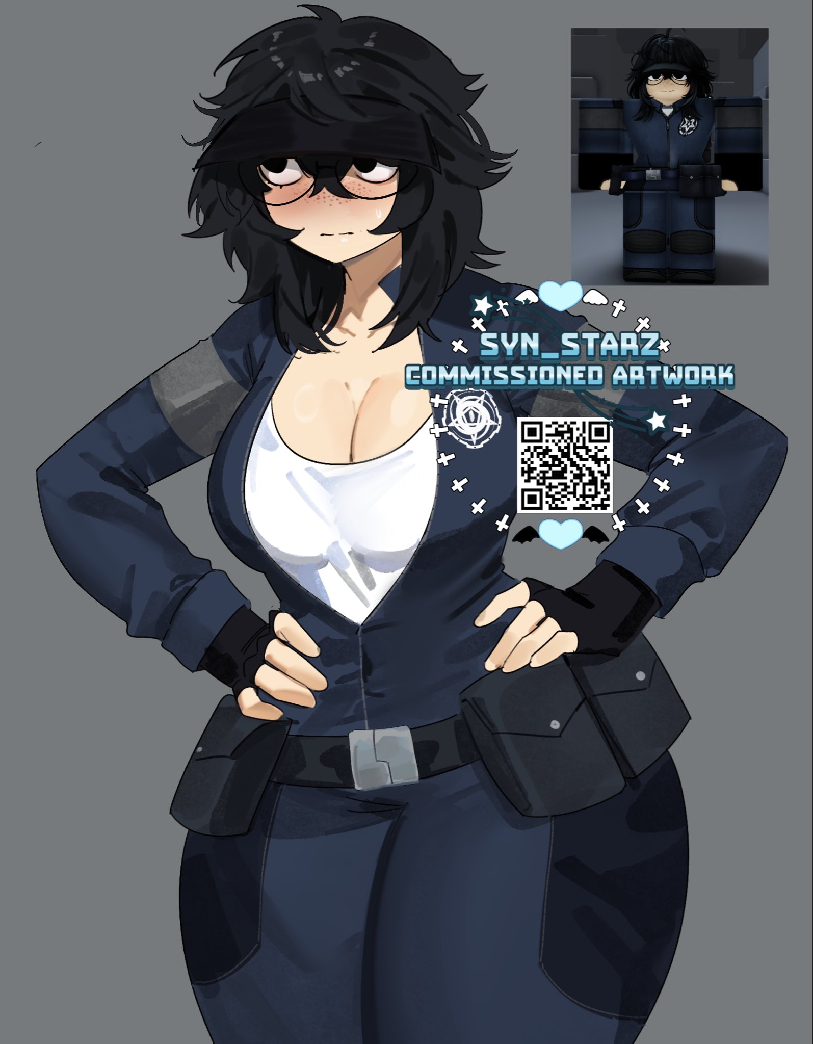 1girls, breasts, cleavage, clothed, expendable (pressure), female, female only, jumpsuit, pressure (roblox), reference image, roblox, roblox avatar, roblox game, robloxian, solo, syn starz, tagme, thick thighs, thighs, watermark