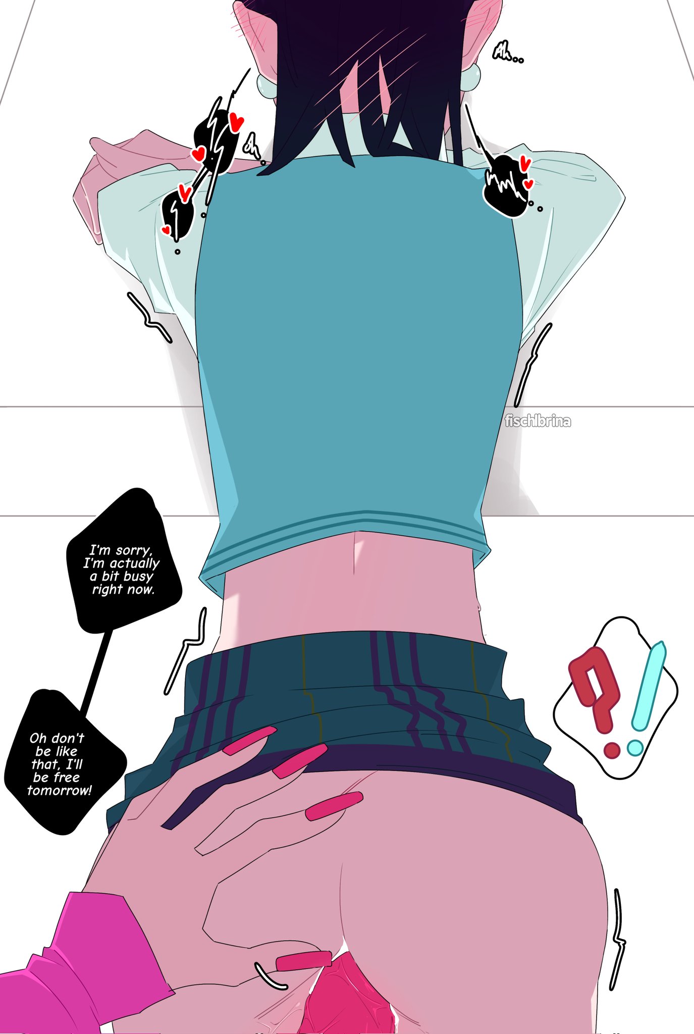 !?, 2girls, alien stage, bent over, black hair, blue skirt, blue vest, dildo, earrings, english text, fischlbrina, hand on another's ass, heart, long fingernails, mizi (alien stage), neck blush, pink dildo, pink nails, sex, sex from behind, skirt lift, sua (alien stage), white shirt, yuri
