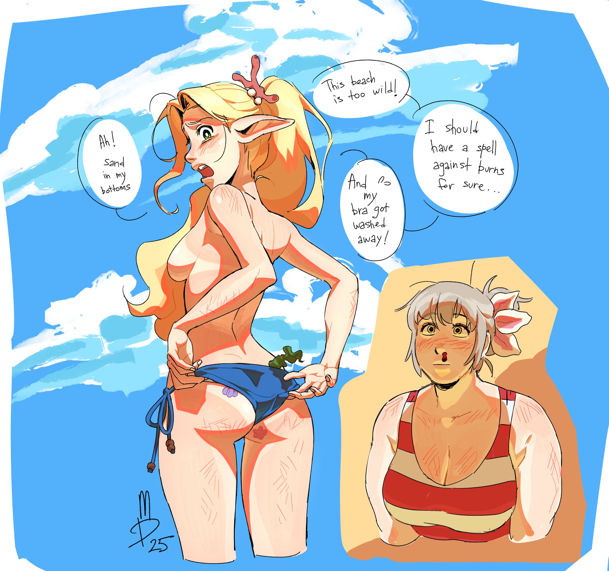 2girls, ass, beach, bikini bottom, breasts, chubby, dungeon meshi, falin touden, female, marcille donato, mildough, nosebleed, tagme, topless