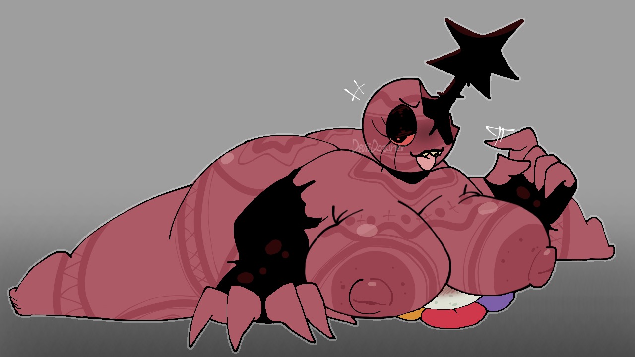 big ass, big breasts, big woman, blush, bobette (dandy's world), crushed by breasts, crushing, dandy (dandy's world), dandy's world, hard nipples, pokerjokerful, roblox, spread legs, squish, tongue out, twisted bobette (dandy's world), willing