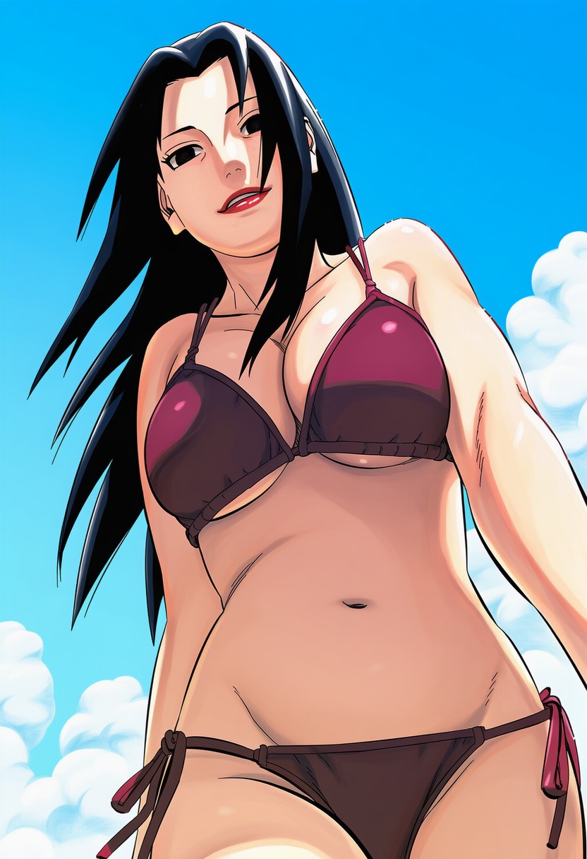 1girls, accurate art style, accurate body type, ai generated, bare shoulders, belly button, bikini bottom, bikini top, black eyes, black hair, blue sky, blush, breasts, clothing, collarbone, day, eyelashes, facing viewer, female focus, female only, foreshortening, from below, front view, full color, groin, high resolution, highres, large breasts, light skin, light-skinned female, line art, lipstick, long hair, looking at viewer, looking down, looking down at viewer, low-angle view, makeup, manga style, masashi kishimoto style, mature female, medium breasts, milf, naruto, naruto (series), naruto shippuden, navel, official style, outdoors, parted lips, pinup, purple bikini, red lips, red lipstick, shiny hair, shiny skin, side-tie bikini, side-tie bikini bottom, sky, smile, soft shading, solo, solo focus, swimsuit, teeth, teeth showing, thighs, thin eyebrows, uchiha mikoto, underboob, waifu