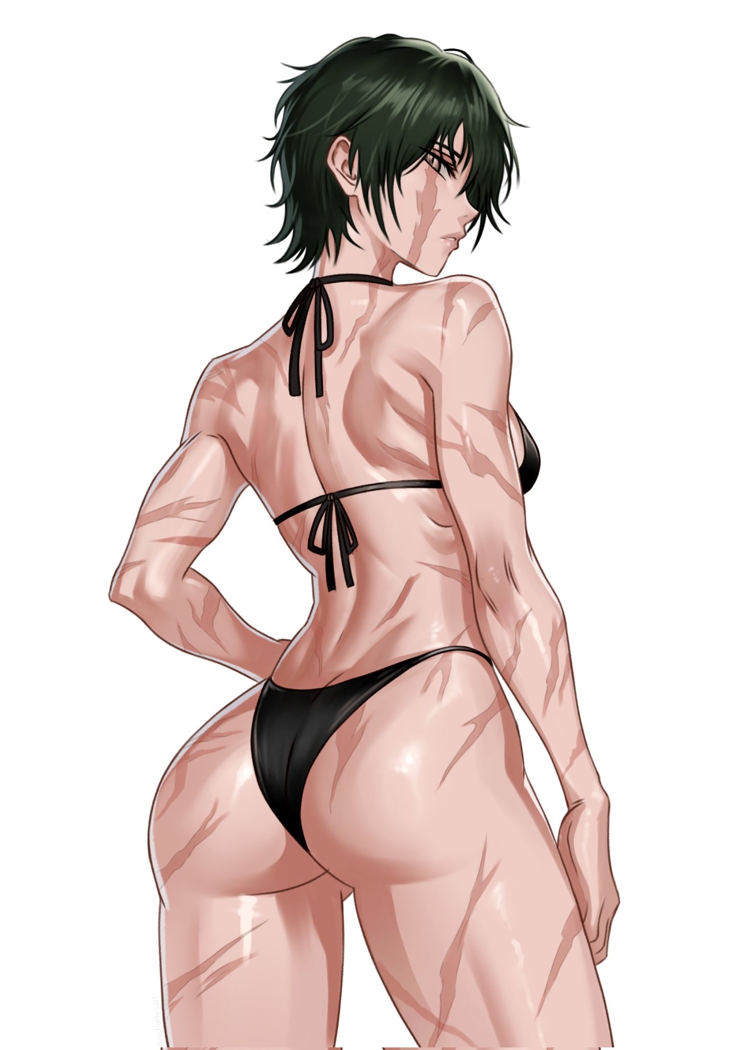 1girl, ass, bikini, breasts, burn scar, charlesart, commentary, green hair, highres, huge ass, jujutsu kaisen, multiple scars, pcharlesart, scar, scar on arm, scar on back, scar on breasts, scar on face, scar on leg, scars all over, solo, swimsuit, toned, toned female, too many, untranslatable commentary, zen'in maki, zenin maki