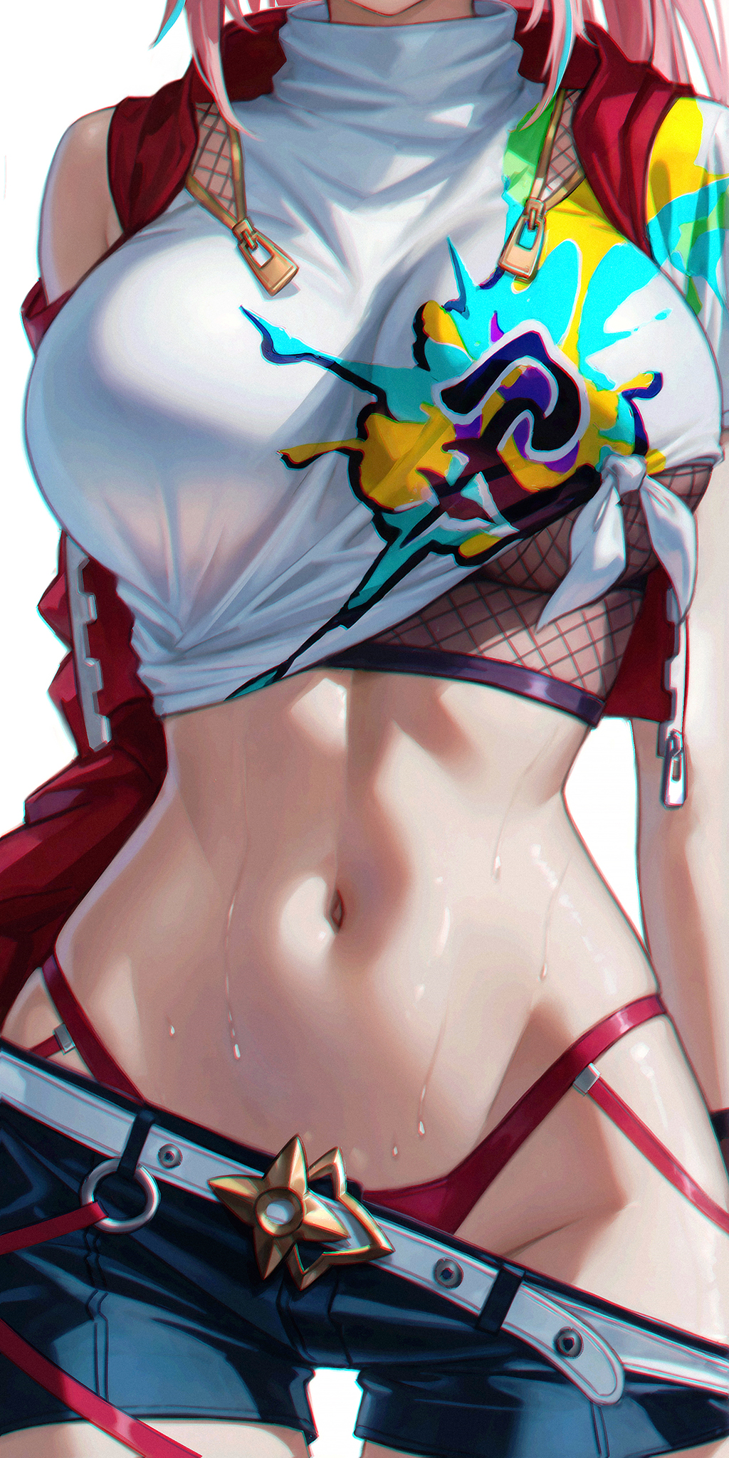 1girl, absurdres, ass, beautiful, belly, belly button, belt, big ass, big breasts, black shorts, breasts, chromatic aberration, clothes pull, commentary request, crop top, female, female focus, female only, fishnet top, fishnets, gorgeous, groin, head out of frame, heavy chromatic aberration, highres, hips, hips wider than shoulders, honkai (series), honkai: star rail, huge ass, huge breasts, jacket, large breasts, mommy, navel, ninja, panties, pink hair, rappa (honkai: star rail), red jacket, red panties, shirt, short shorts, shorts, shorts pull, simple background, solo, stomach, stomach focus, sweat, thick thighs, thighs, tied shirt, toned, toned female, underboob, underwear, wet, white belt, white shirt, wo jiushi kanbudong, zipper, zipper down
