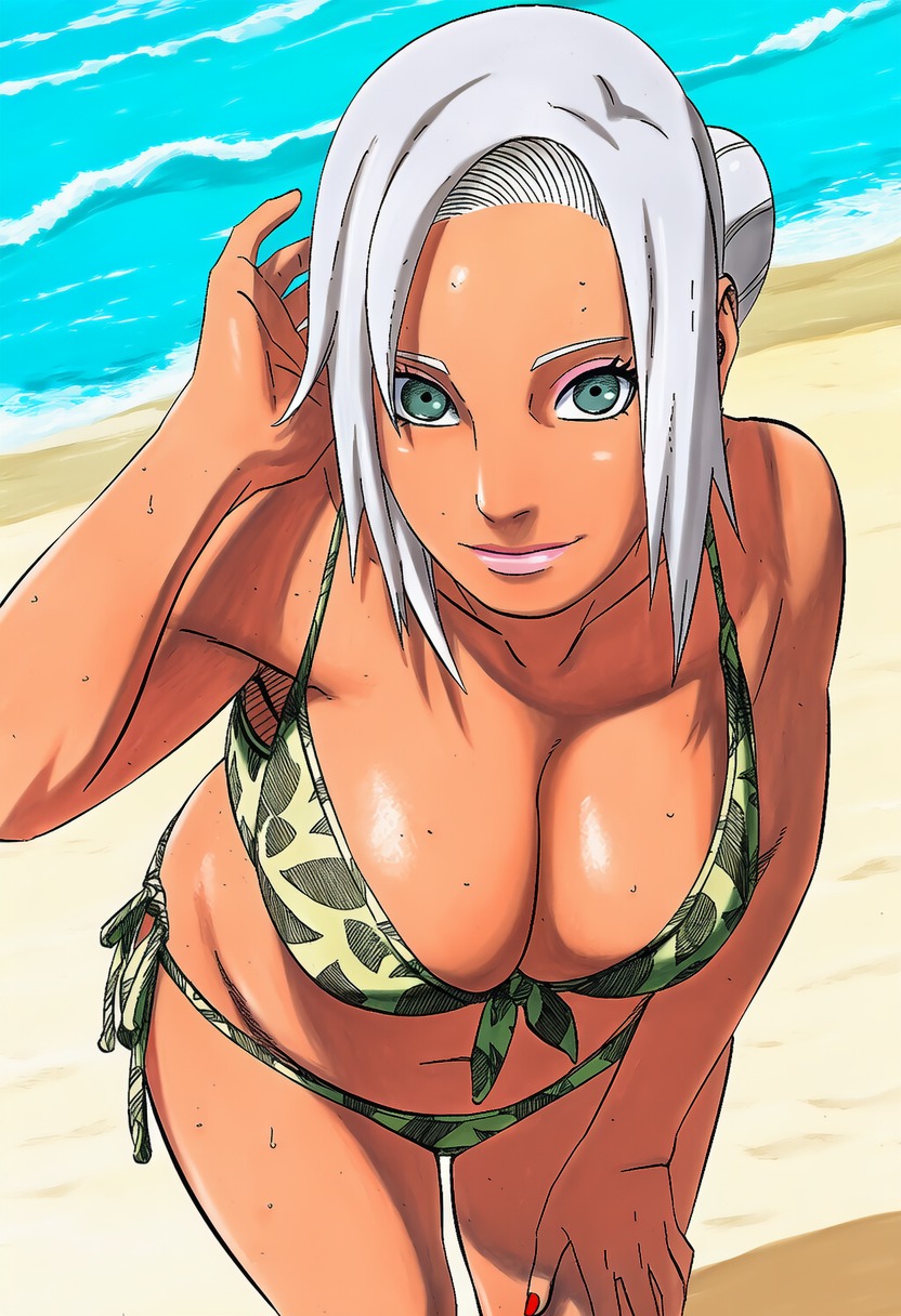 1girls, accurate art style, accurate body type, adjusting hair, ai generated, alternate hairstyle, bare shoulders, beach, belly button, bikini, bikini bottom, bikini top, breasts, camouflage, camouflage bikini, cleavage, clothing, collarbone, colored nails, cowboy shot, dark skin, dark-skinned female, day, eyeshadow, facing viewer, female focus, female only, from above, front view, front-tie bikini, front-tie top, full color, green bikini, green eyes, hair bun, hand on own leg, high resolution, highres, large breasts, leaning forward, light skin, line art, looking at viewer, mabui, makeup, manga style, masashi kishimoto style, nail polish, naruto, naruto (series), naruto shippuden, navel, ocean, official style, outdoors, pink eyeshadow, pink lips, pinup, pose, posing, red nails, sand, scenery, shiny skin, short hair, side-tie bikini, side-tie bikini bottom, single hair bun, smile, soft shading, solo, solo focus, standing, swimsuit, thighs, thin eyebrows, waifu, water, white hair