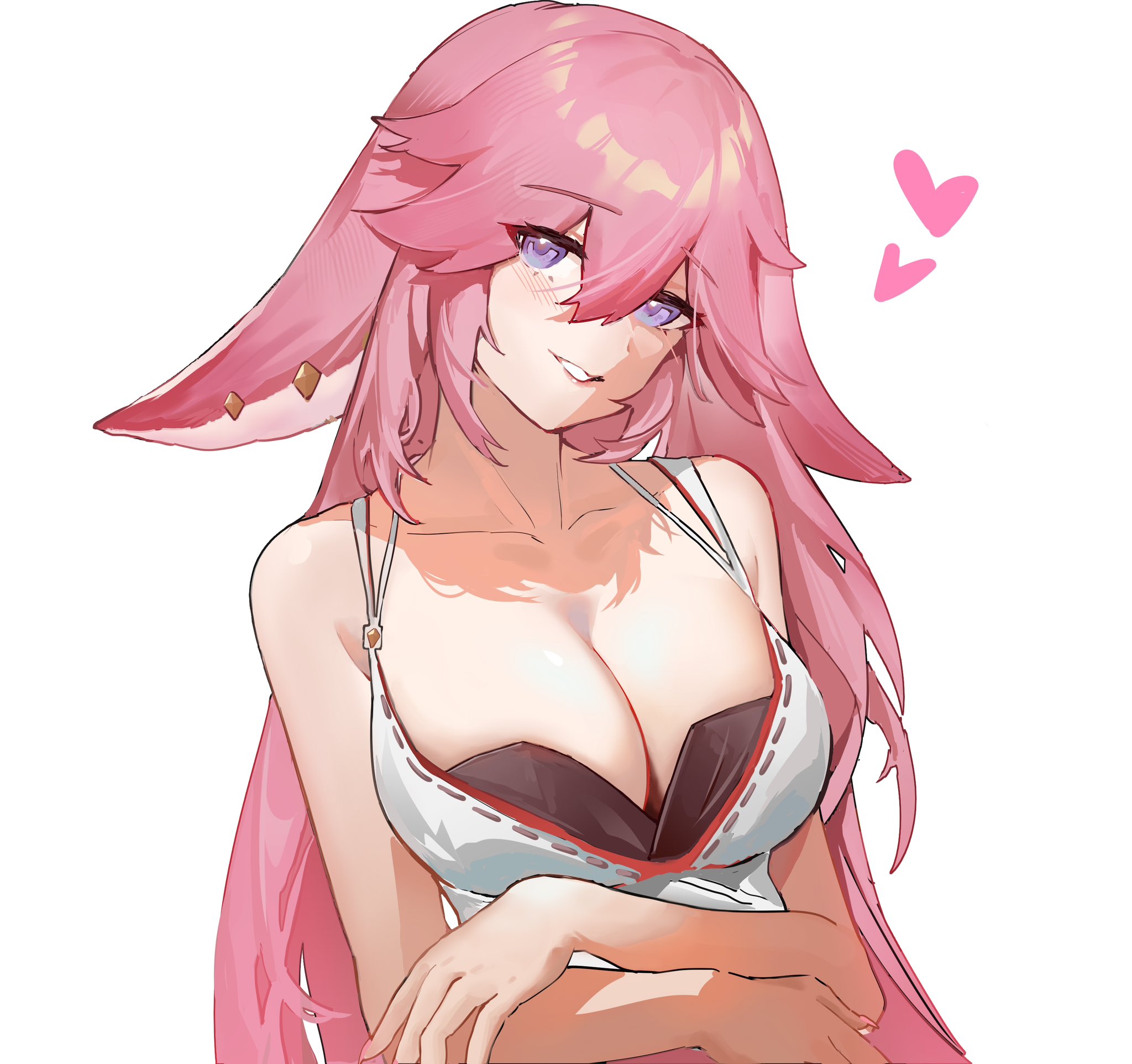 1girls, 2023, bare shoulders, big breasts, blush, breasts, female, female focus, female only, fox ears, fox girl, genshin impact, heart, hi res, kitsune, lingerie, long hair, looking at viewer, pink hair, purple eyes, rui (woyoudabing rui), seductive, seductive look, seductive smile, simple background, smile, solo, solo female, solo focus, upper body, yae miko