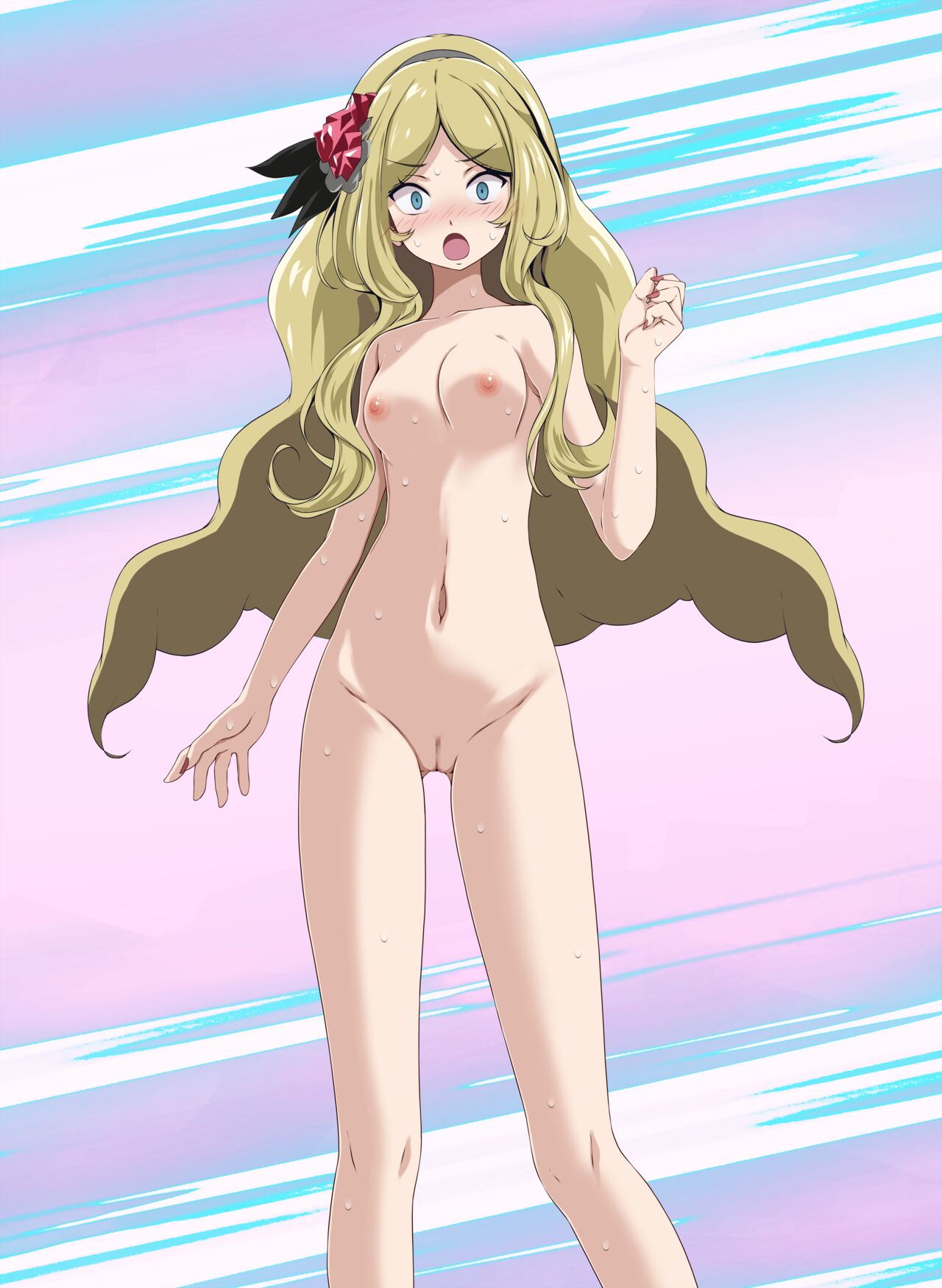 1girls ass_visible_through_thighs blonde_hair blue_eyes blush caitlin_(fall_2021)_(pokemon_masters) caitlin_(pokemon) collarbone completely_nude embarrassed embarrassed_nude_female enf flower_in_hair hairbow long_hair looking_at_viewer mosaic_censoring motion_lines nail_polish navel nipples nude pink_background pokemon pokemon_bw pokemon_masters pussy scared small_breasts small_pupils sweat tsukishiro_saika