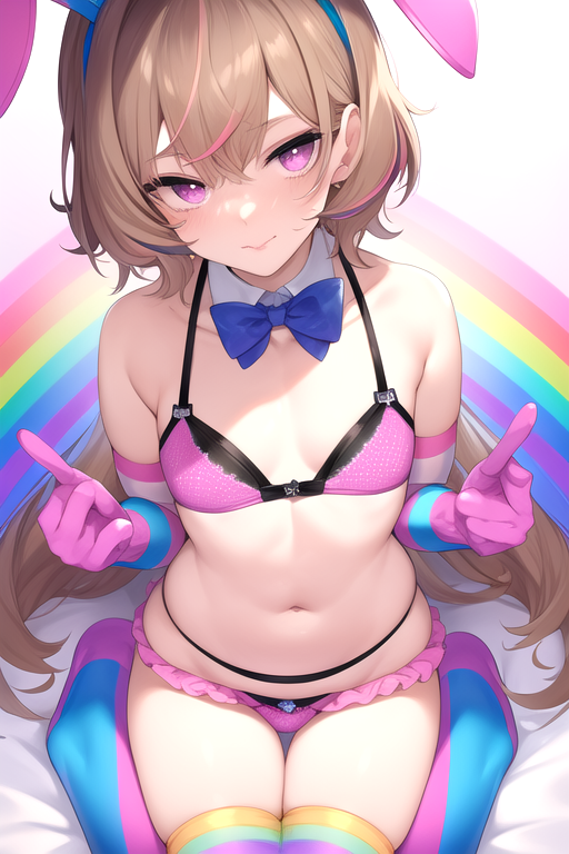 ai_generated blue_bow daniela daniela_(ai) femboy light_brown_hair pink_bra pink_eyes pink_lips pink_panties rainbow rainbow_gloves rainbow_legwear trap