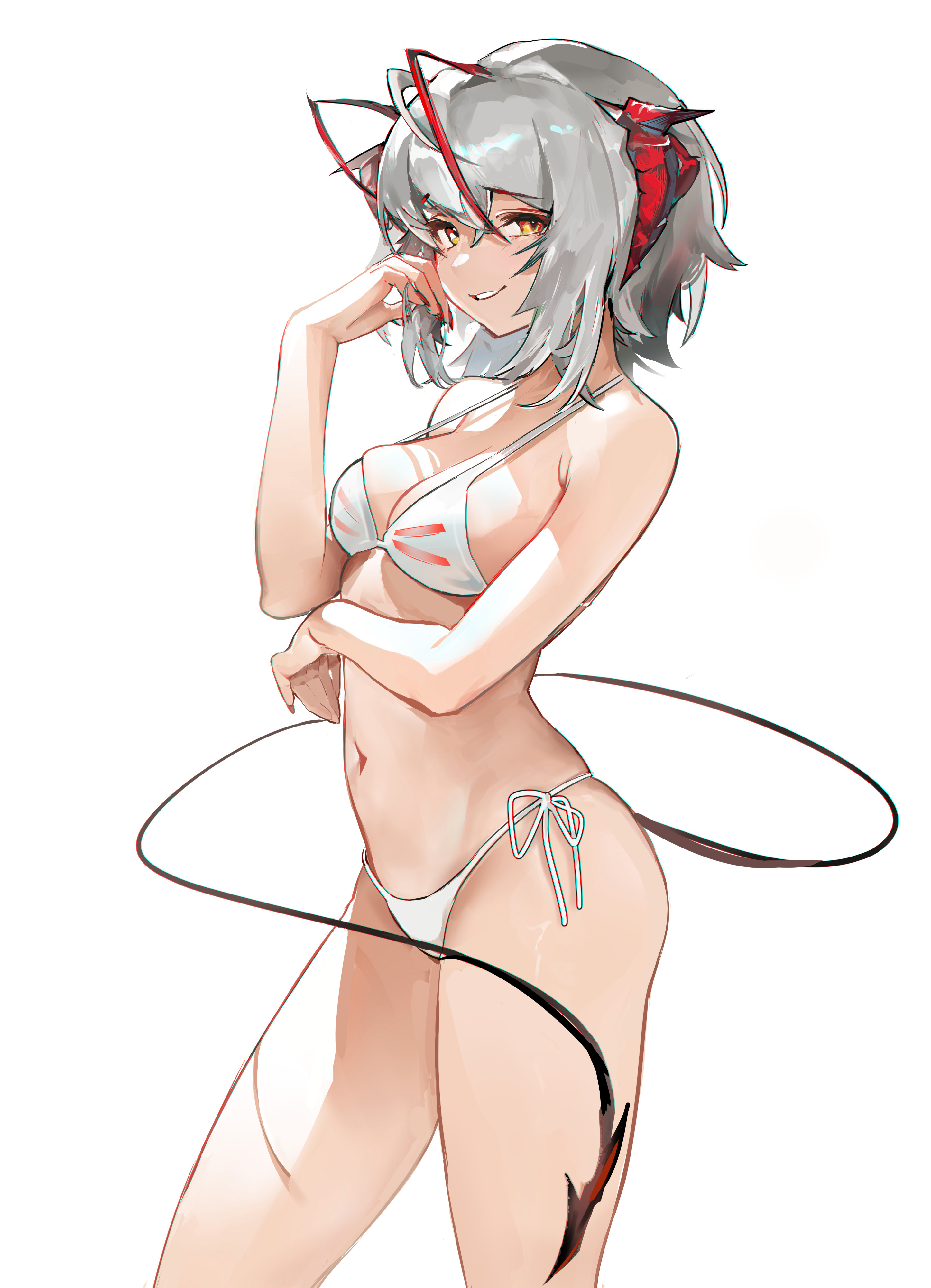 1girls, 2023, arknights, bikini, bra, cockroach girl, devil, devil horns, female, hi res, horns, light skin, light-skinned female, looking at viewer, rui (woyoudabing rui), short hair, simple background, smile, solo, standing, swimsuit, swimwear, tail, w (arknights), white hair, yellow eyes