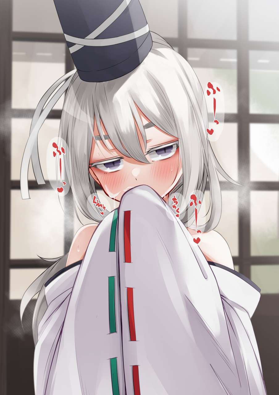 bare_shoulders blurry blurry_background blush commentary_request covering_mouth cum detached_sleeves eyebrows_hidden_by_hair facial female grey_eyes grey_hair hair_between_eyes half-closed_eyes hands_up hat head_tilt high_ponytail highres indoors long_hair momendoufu mononobe_no_futo sleeves_past_fingers sleeves_past_wrists solo sound_effects tate_eboshi touhou upper_body very_long_hair wide_sleeves