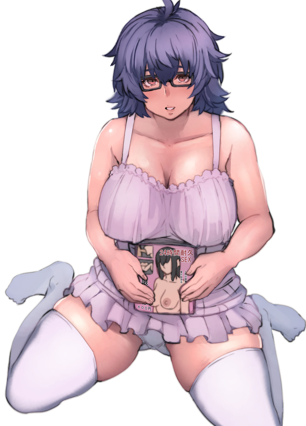 1girls, 2018, after school girl (pepe (jonasan)), bare arms, bare shoulders, book, breasts, brown eyes, cleavage, dress, feet, female, female only, full body, glasses, hair between eyes, highres, holding book, japanese text, large breasts, looking at viewer, messy hair, no shoes, original, panties, pepe (jonasan), purple hair, simple background, sitting, skindentation, sleeveless, sleeveless dress, solo, teeth, text, thick thighs, thighhighs, thighs, translated, underwear, wariza, white background, white legwear, white panties, zettai ryouiki