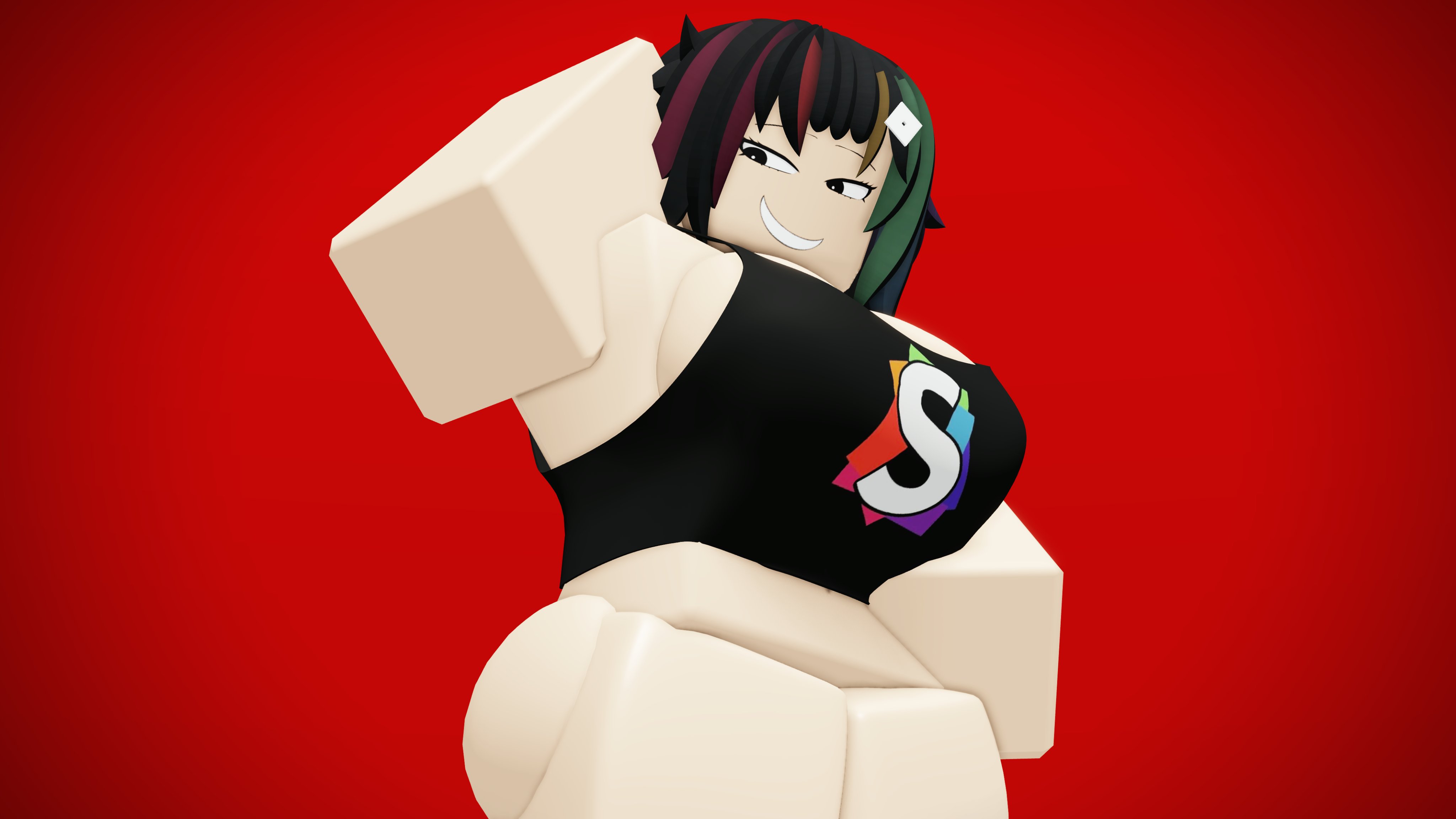 1girls, 3d, black hair, black shirt, bottomless, bottomless female, clothed, female, hair highlights, multicolored hair, pale skin, pinkishpinkas, roblox, robloxian, short hair, smirk, solo, solo female, synapse x, tagme