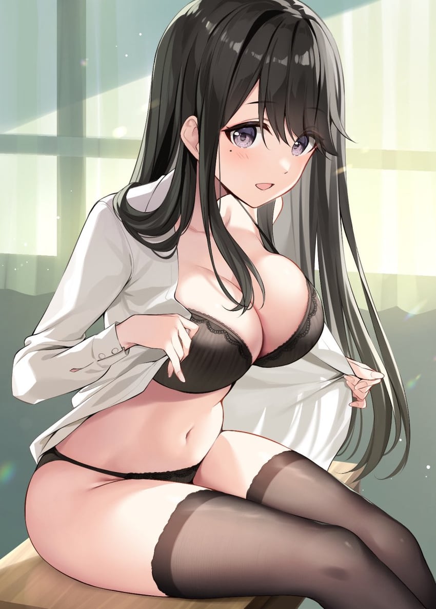 big_breasts black_hair bra desk mole_under_eye original original_character oryou panties partially_clothed purple_eyes school thighhighs undressing