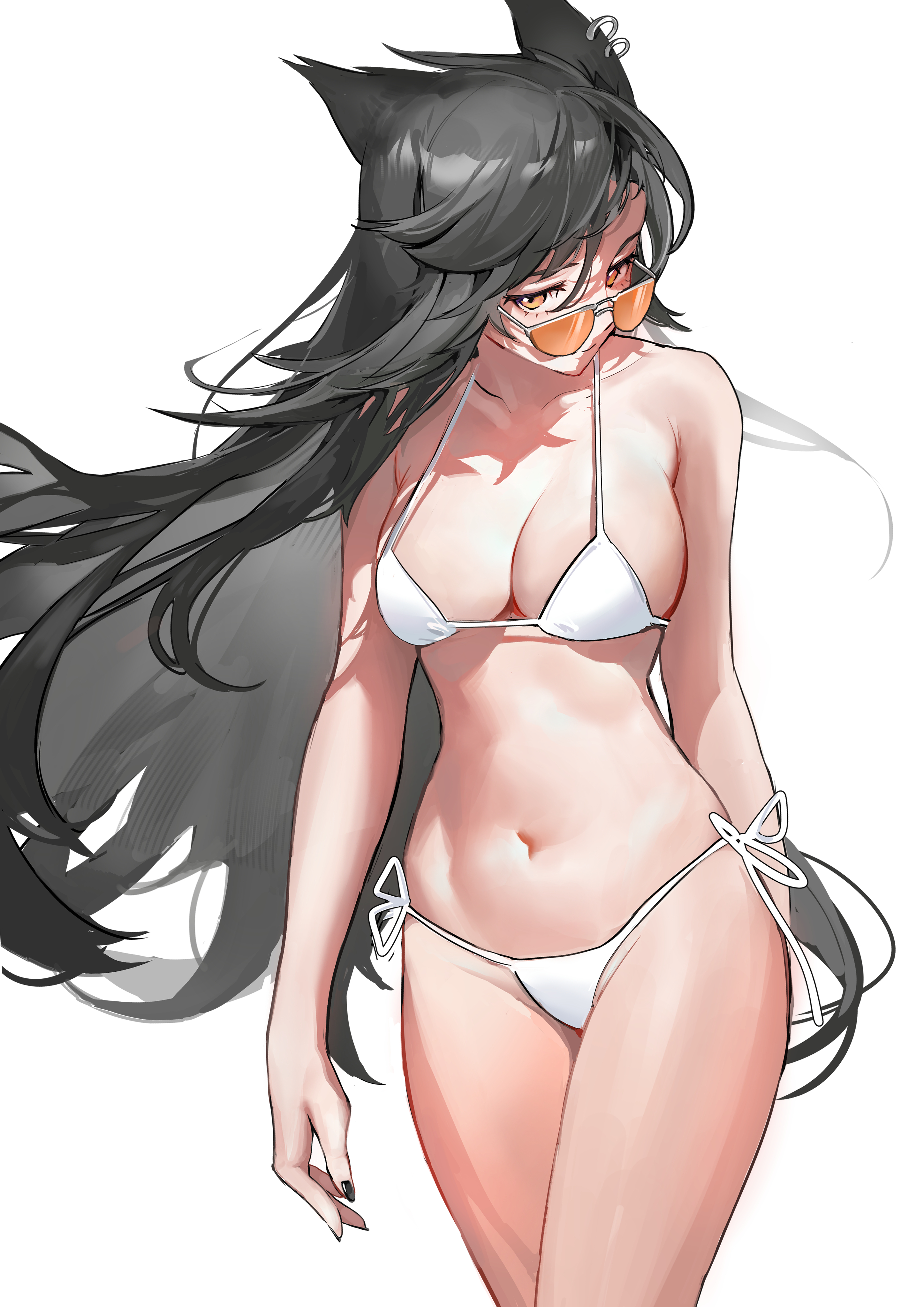 1girls, 2023, animal ears, arknights, belly, bikini, black hair, bra, collarbone, female, hi res, kemonomimi, light skin, light-skinned female, long hair, looking at viewer, rui (woyoudabing rui), simple background, solo, standing, sunglasses, swimsuit, texas (arknights), white panties, wolf ears, wolf girl, yellow eyes