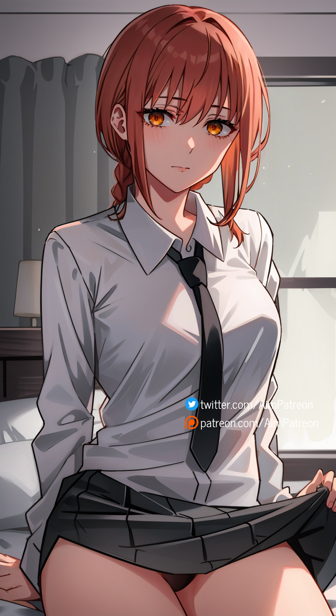 1girls, ai generated, aim patreon, bangs, braid, braided ponytail, breasts, brown hair, chainsaw man, clothes lift, collared shirt, eyebrows visible through hair, female, lifted by self, long hair, long sleeves, looking at viewer, makima (chainsaw man), medium breasts, medium hair, necktie, office lady, ringed eyes, shirt, sitting, skirt, skirt lift, solo, thighs, underwear