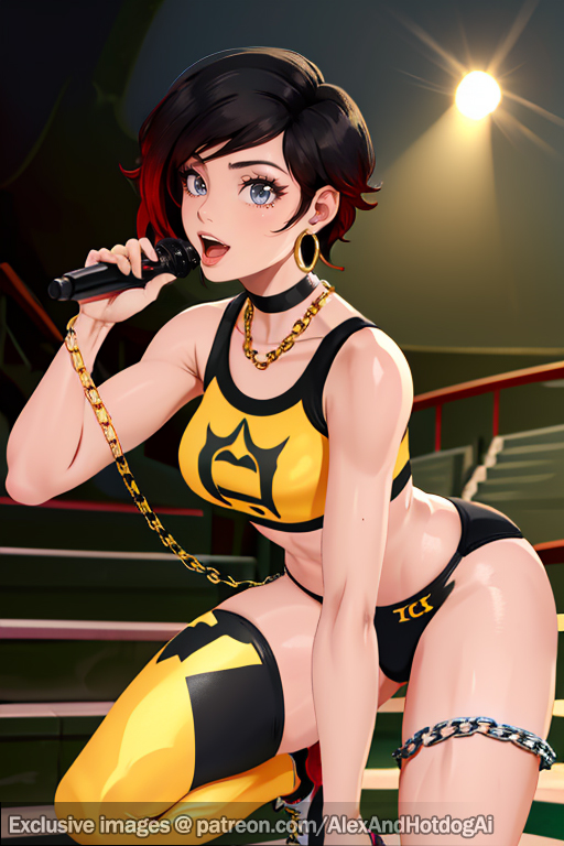 ai_generated alexandhotdogai auditorium black_hair chains earrings gold_jewelry gold_necklace gray_eyes gym_shorts hoop_earrings microphone necklace red_hair ruby_rose rwby singing sports_bra stable_diffusion stage workout_clothes