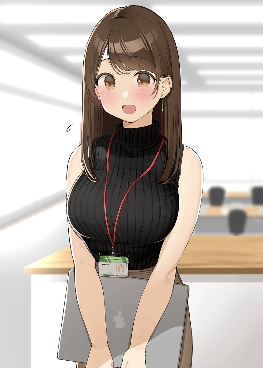 big_breasts blush brown_eyes brown_hair earrings long_hair office office_lady ol-chan_(ol_mahonanoka) ol_mahonanoka original skirt