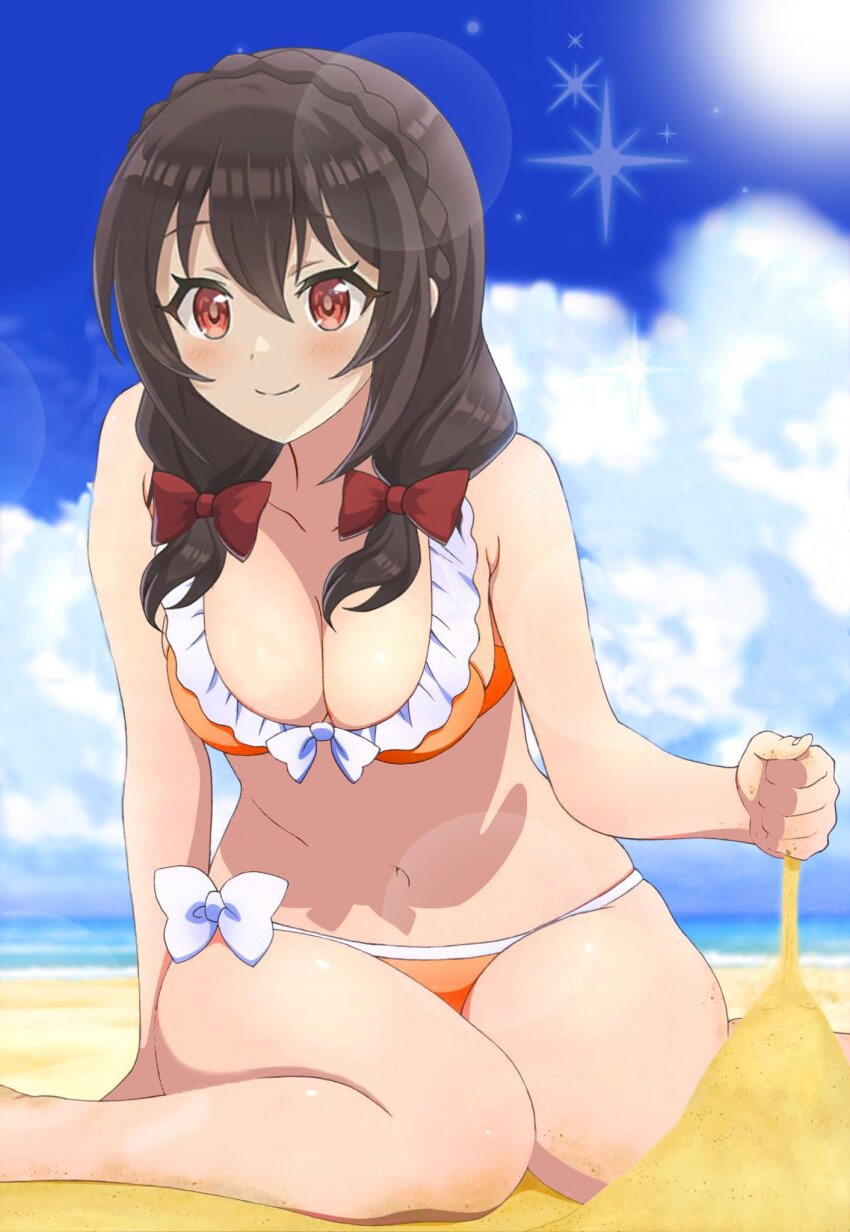 beach bikini blue_sky blush bow braid breasts brown_hair cleavage cloud collarbone dot_nose female frilled_bikini frills front-tie_bikini_top front-tie_top hairbow highres kono_subarashii_sekai_ni_shukufuku_wo! large_breasts long_hair marusankaku_neo navel orange_bikini outdoors red_bow red_eyes sand_on_skin side-tie_bikini_bottom sitting sky smile solo stomach sun_glare swimsuit two-tone_bikini wariza white_bikini yunyun_(konosuba)