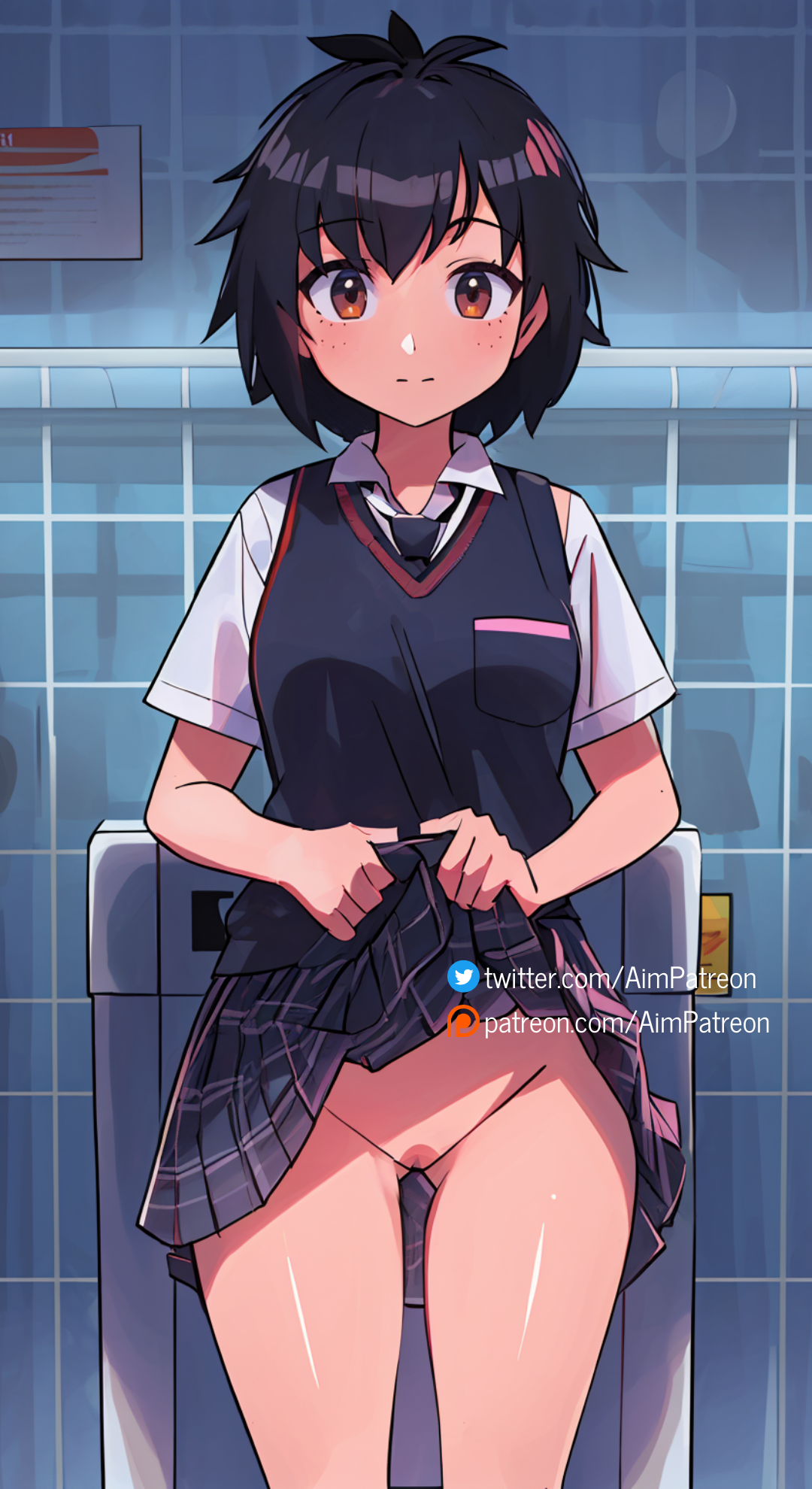 1girls, ai generated, aim patreon, asian, asian female, bathroom, black hair, blush, brick wall, brown eyes, chain-link fence, clothes lift, female, lifted by self, looking at viewer, marvel, marvel comics, no panties, peni parker, petite, pleated skirt, pussy, restroom, school uniform, shirt, short hair, silk, skinny, skirt, skirt lift, slim, solo, spider web, spider-man: across the spider-verse, spider-man: into the spider-verse, tile floor, tile wall, tiles, toilet