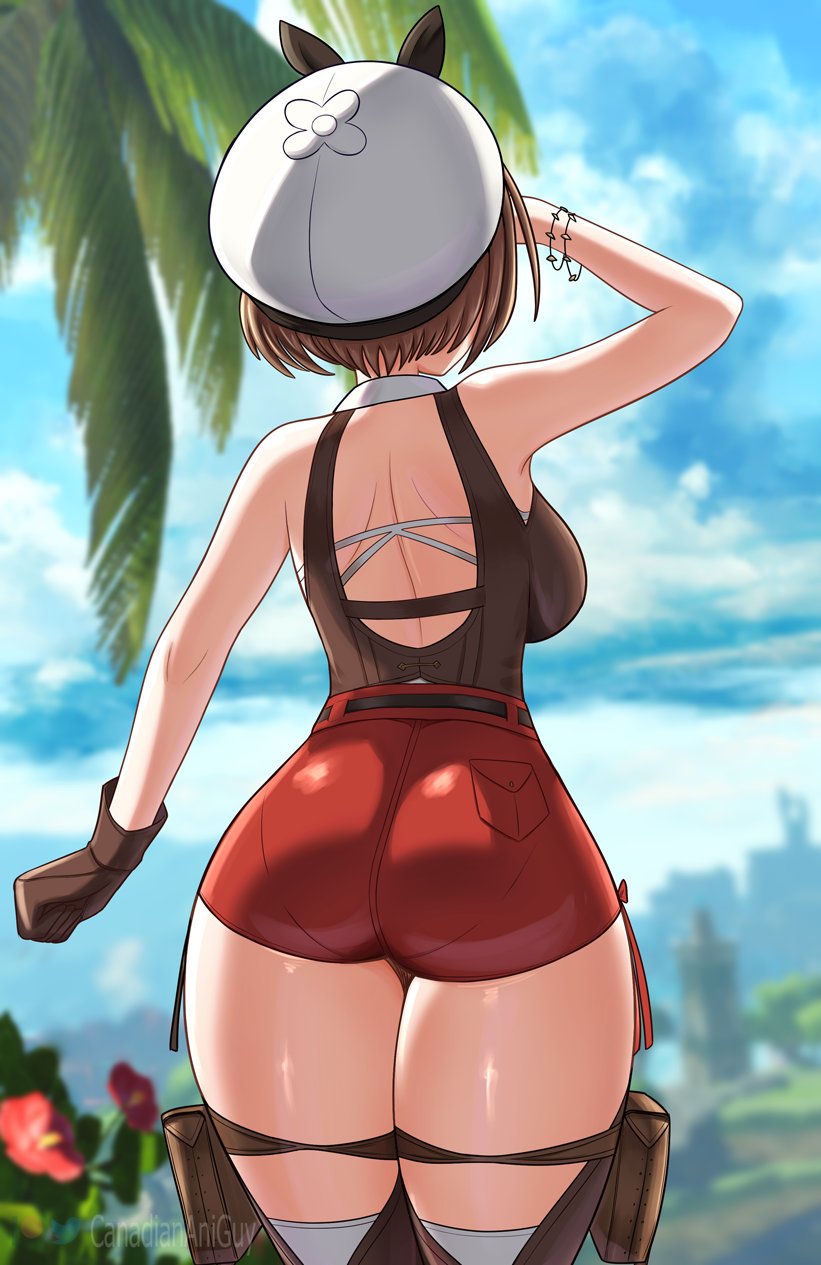 1girls armwear ass ass_focus atelier_(series) atelier_ryza back back_view backboob big_ass big_breasts booty_shorts bottomwear bracelet breasts brown_hair canadiananiguy clothing dat_ass female female_only hair hat headwear hips huge_ass pantylines red_shorts reisalin_stout short_shorts shorts solo solo_female thick_thighs thighs topwear