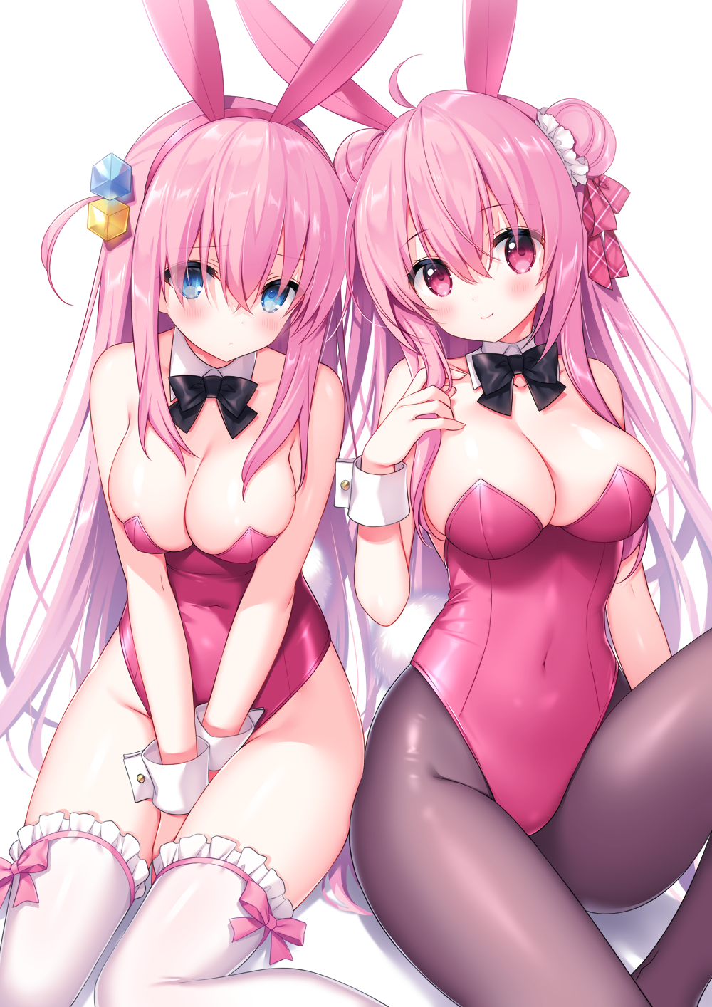 2girls :< blue_eyes blush bocchi_the_rock! bunny_ears bunny_girl bunnysuit detached_collar detached_sleeves female gotou_hitori happy_sugar_life large_breasts leotard matsuzaka_satou pantyhose pink_hair red_eyes sakura_neko smile thighhighs