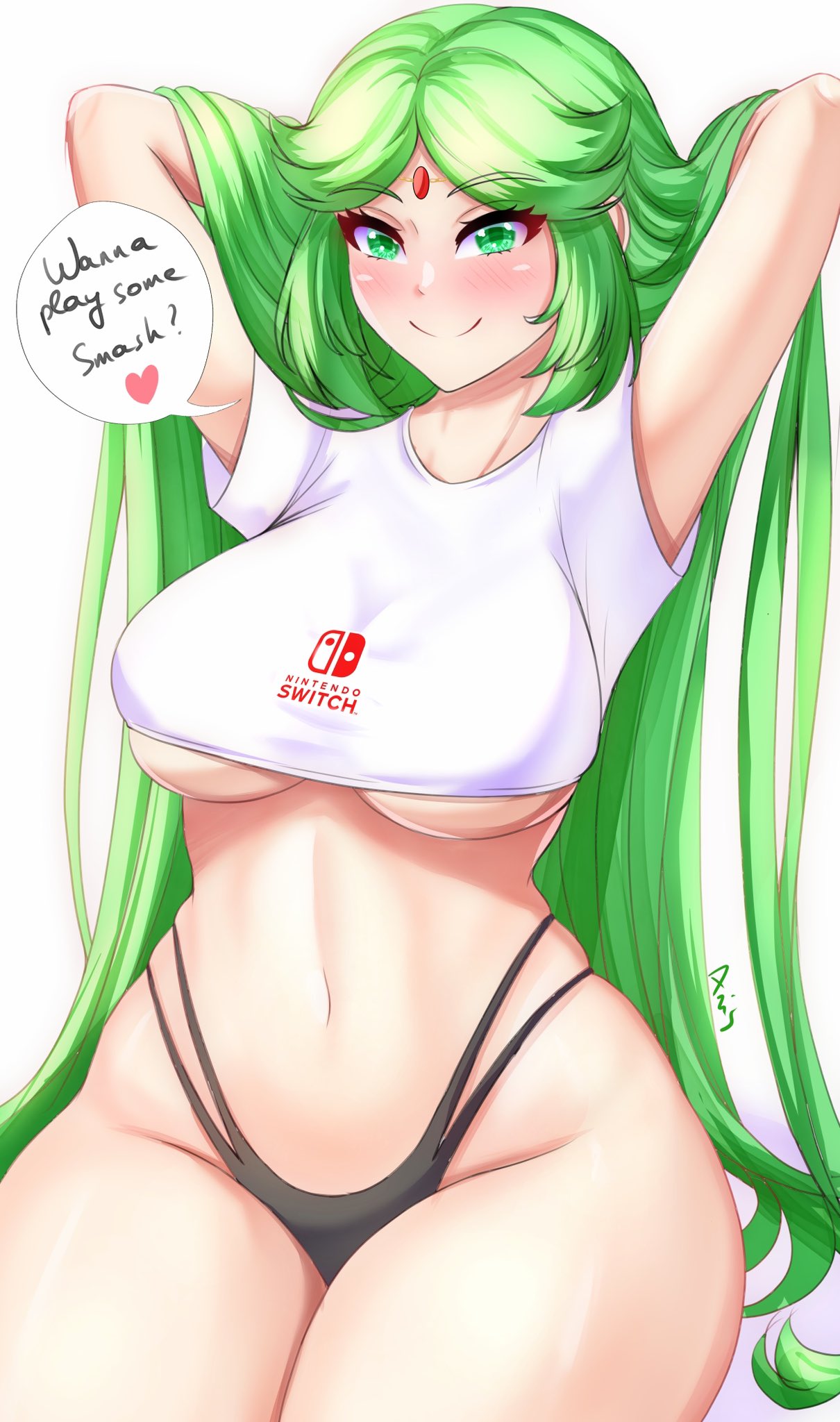 1girls, anisdrawn, arms behind head, big breasts, breasts, busty, female, female only, green hair, horny, kid icarus, large breasts, long hair, looking at viewer, navel, nintendo, palutena, pose, posing, sensual, shirt, smile, solo, tagme, thong, underboob, voluptuous