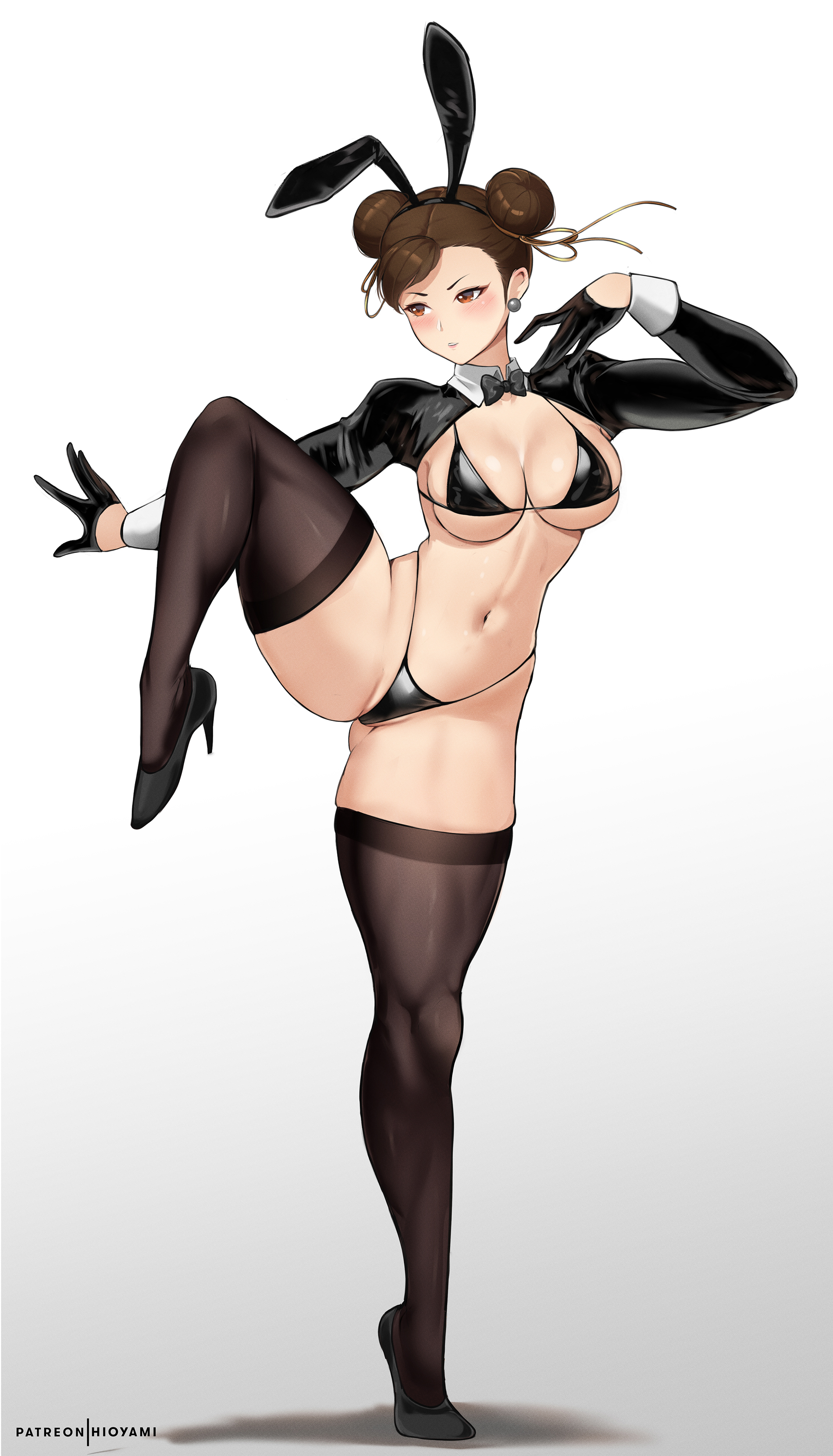 1girls, big breasts, bikini, bikini bottom, bikini top, black bikini, black high heels, black leggings, blush, bottomwear, breasts, brown eyes, brown hair, bunny ears, capcom, chun-li, cleavage, double bun, ear piercing, earrings, fake animal ears, female, female only, footwear, full body, hair, heels, high heels, hioyami, huge breasts, large breasts, legs, legwear, micro bikini, navel, neckwear, one leg up, reverse bunnysuit, solo, solo female, street fighter, swimwear, thick thighs, thighhighs, thighs, topwear, underboob