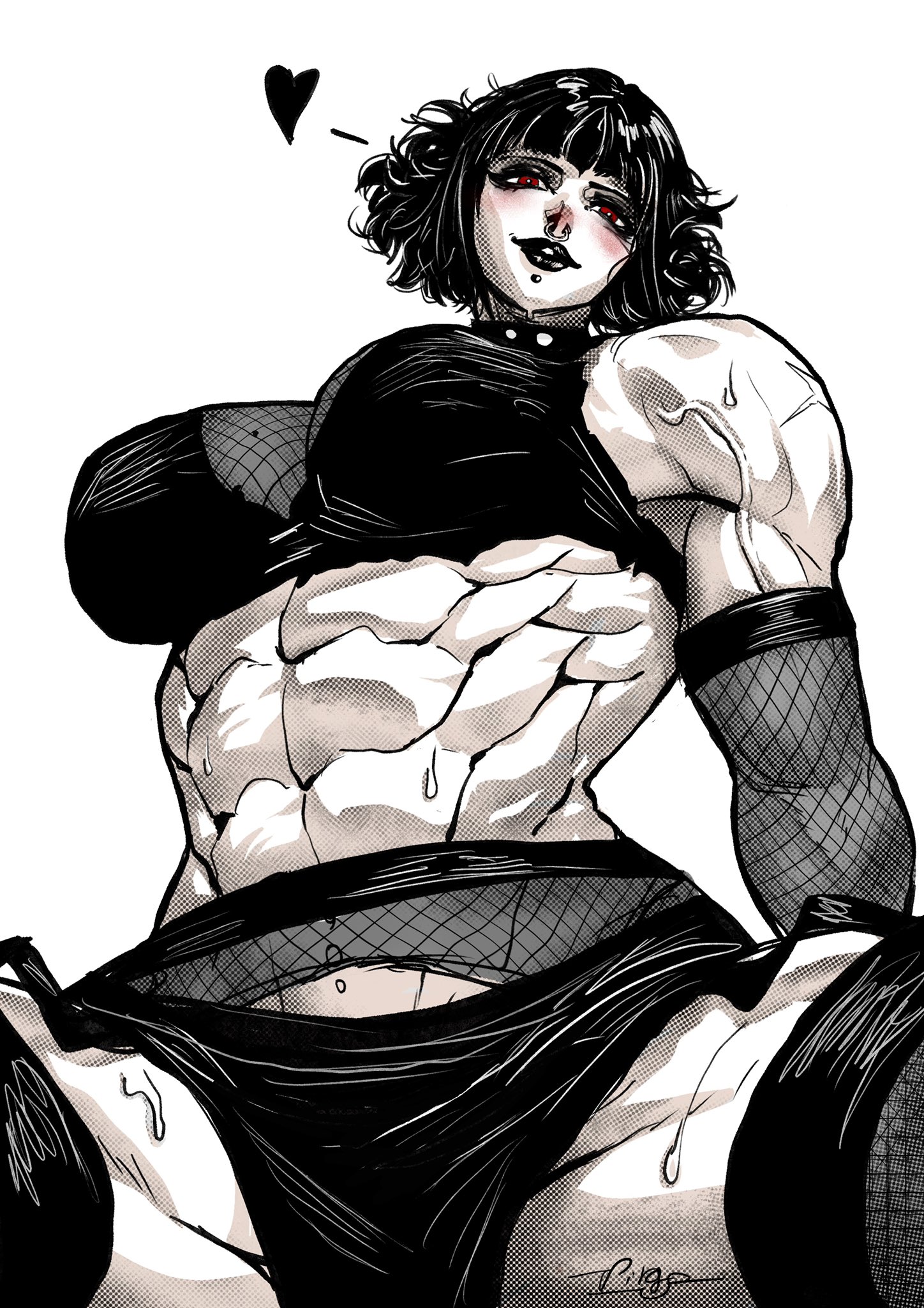 1girls, big breasts, black hair, blush, breasts, buff, collar, dominant female, female, female domination, femdom, fishnet armwear, fishnet legwear, girlfriend, goth, goth girl, imminent crush, light skin, light-skinned female, looking at viewer, looking down, looking down at viewer, muscular, muscular female, original, pale skin, pale-skinned female, pov, red eyes, short hair, spiked collar, submissive pov, sweat, sweating, thick thighs, thighs, virgoart1509, white background