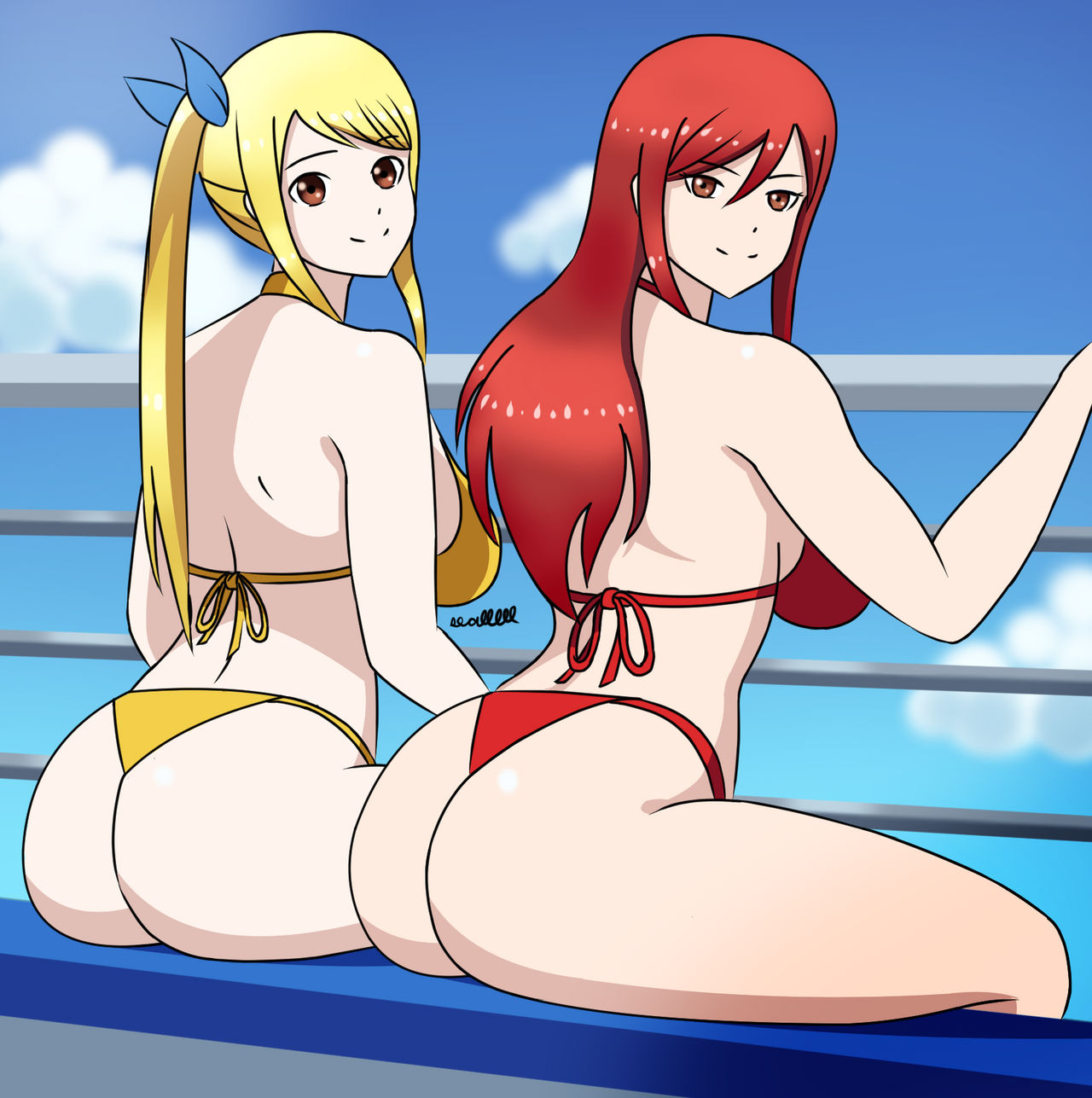 2girls bikini erza_scarlet fairy_tail looking_at_viewer lucy_heartfilia railing sealllll sitting