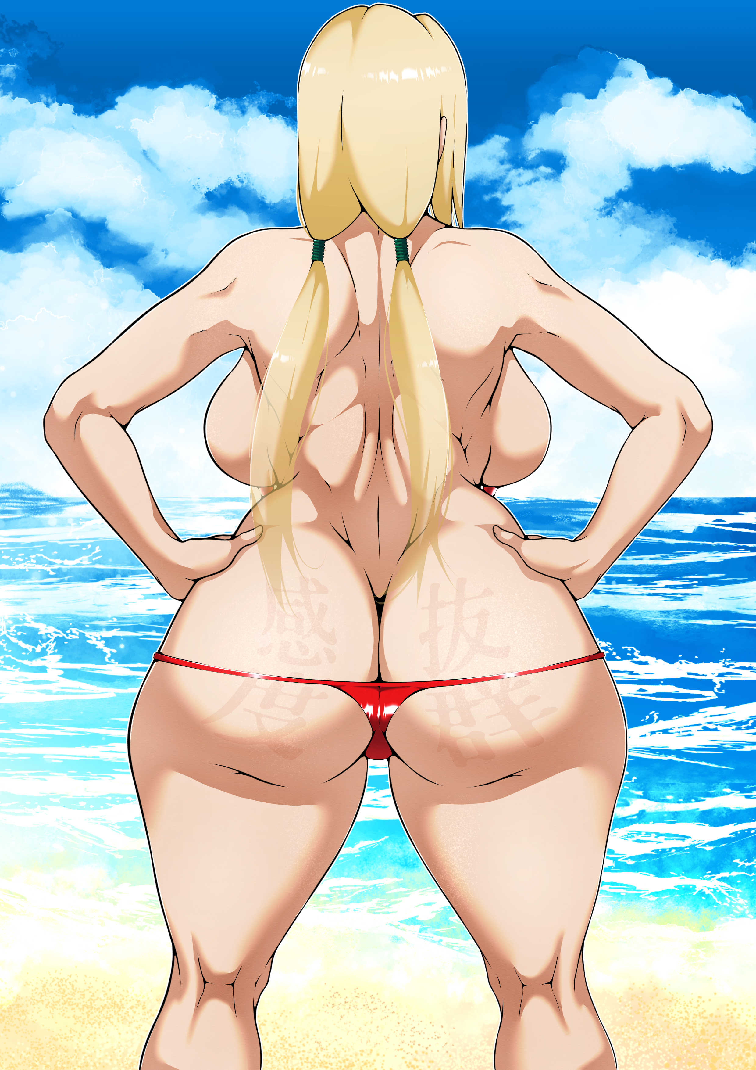 1girls, ass, ass crack, ass tattoo, backboob, bare back, bare breasts, bare shoulders, beach, big ass, big breasts, bikini, bikini bottom, bikini bottom only, blonde hair, blonde-haired female, breasts, butt crack, facing away, female, from behind, hands on hips, huge ass, japanese text, kanji, long hair, mature, mature female, micro bikini, mojihe, naruto, naruto (series), naruto shippuden, outdoors, pinup, sagging breasts, seaside, solo, standing, tattoo, thick thighs, tied hair, topless, tsunade, twintails, voluptuous, wide hips, y shaped butt crack