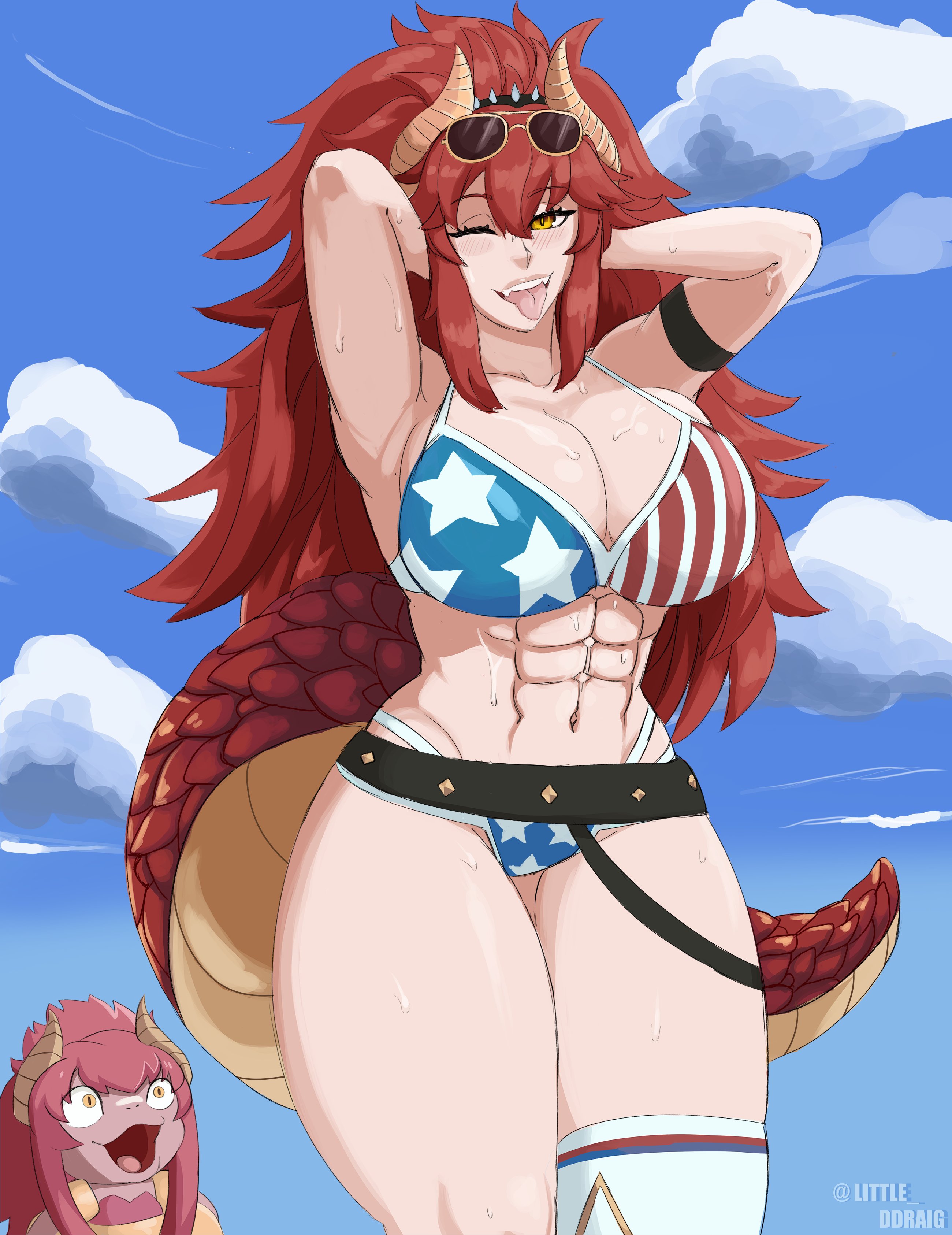 1girls, abs, american flag, american flag bikini, armpits, arms behind head, bikini, bikini bottom, bikini top, blush, breasts, cleavage, dragon, dragon horns, dragon tail, female, female only, horns, huge breasts, light skin, light-skinned female, little ddraig, one eye closed, red hair, solo, solo female, sweat, sweatdrop, sweating, sweaty, sweaty body, sweaty breasts, tail, tongue, tongue out, virtual youtuber, vshojo, wink, winking at viewer, yellow eyes, zentreya, zentreya (cowboy bikini)