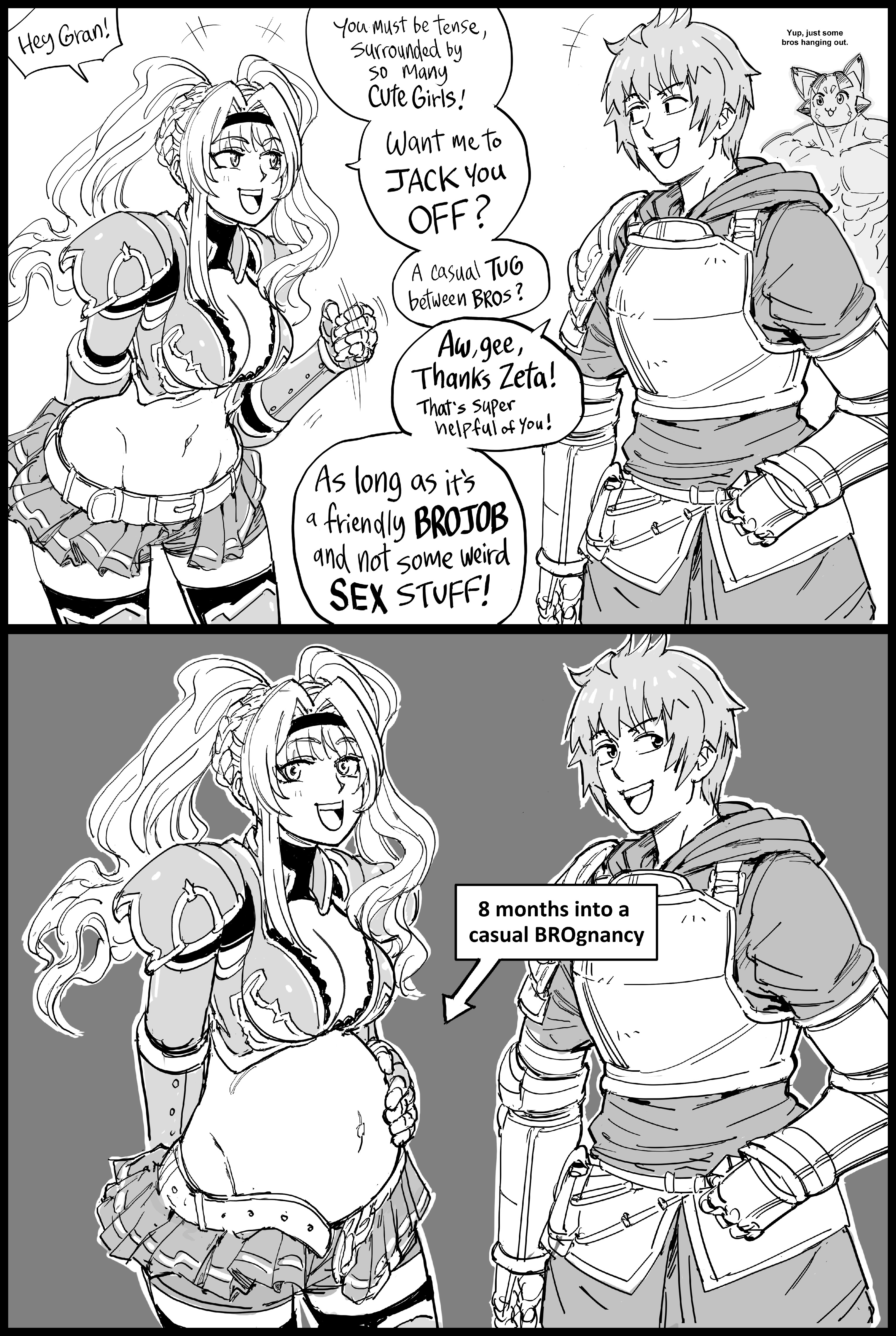 1boy, 1girls, bb (baalbuddy), before and after, before and during pregnancy, dialogue, english text, female, funny, gran (granblue fantasy), granblue fantasy, male, monochrome, pregnant, speech bubble, two panel image, very high resolution, zeta (granblue fantasy)
