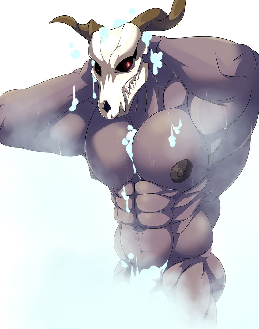 abs bathing biped bone convenient_censorship elias_ainsworth horn looking_at_viewer male male_only muscular muscular_male navel nipples no_visible_genitalia pecs purple_body red_eyes showering skull skull_head solo solo_male standing the_ancient_magus_bride zaqiizawa