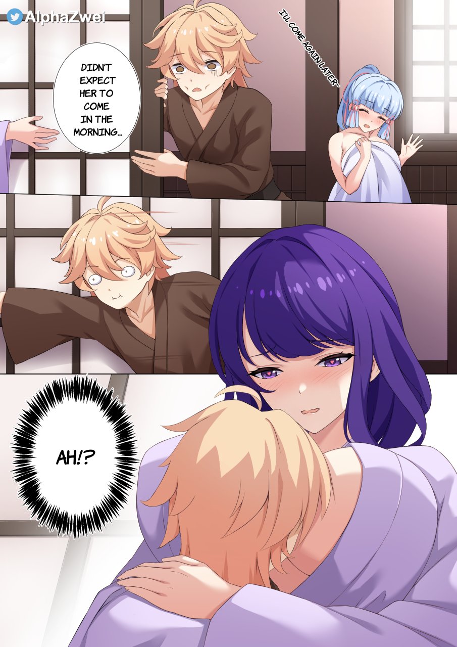 1boy, 2girls, aether (genshin impact), alphazwei, big breasts, blush, breast smother, breasts, color, dialogue, drawing, face between breasts, female, genshin impact, holding, imminent sex, kamisato ayaka, long hair, male, mihoyo, raiden shogun, taller female