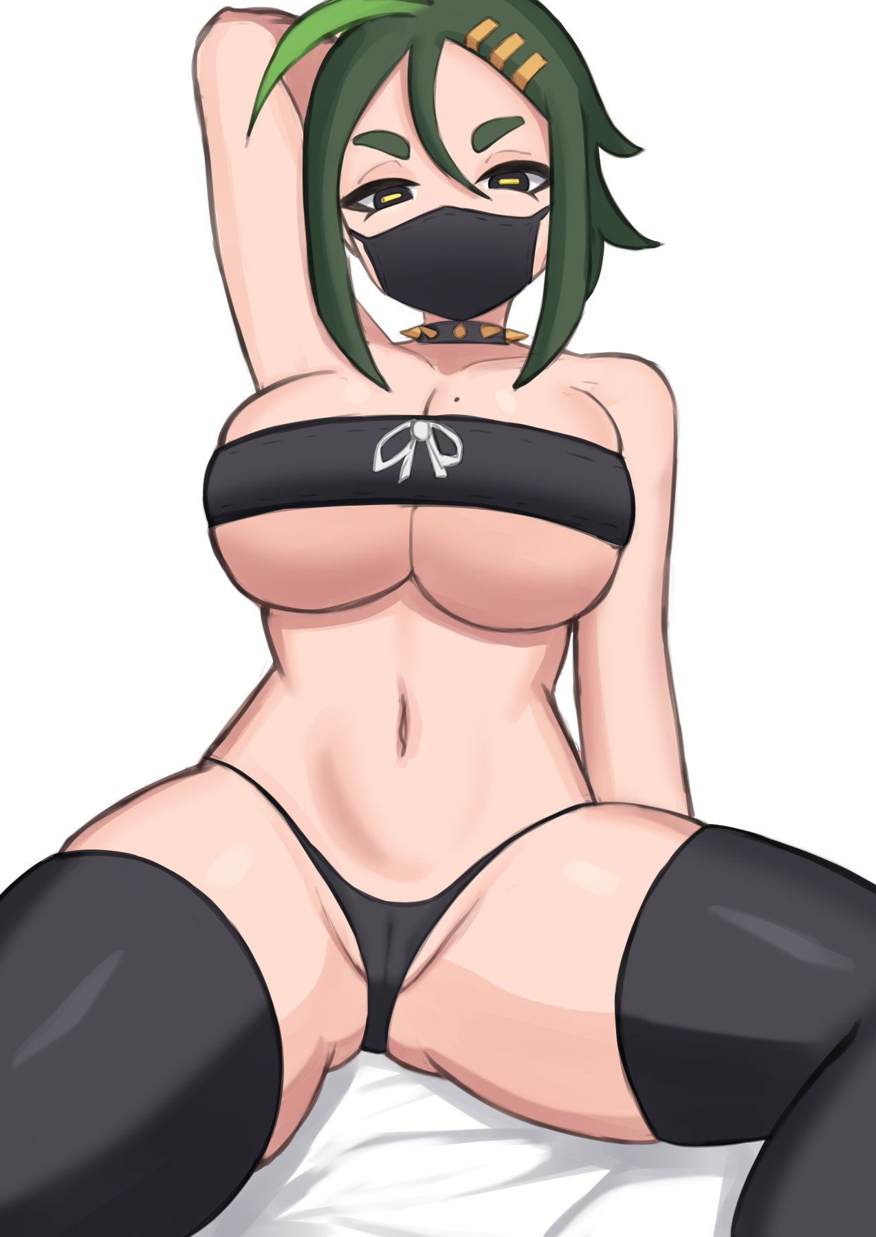 1girls arm_behind_head bandeau big_breasts black_eyes black_thighhighs cameltoe female female_only green_eyebrows green_hair hairclip hi_res looking_at_viewer mask medium_hair midori_(rizdraws) mole mole_on_breast mouth_mask narrowed_eyes nyapii solo spiked_collar thick_thighs thigh_squish thighhighs thong topwear white_background