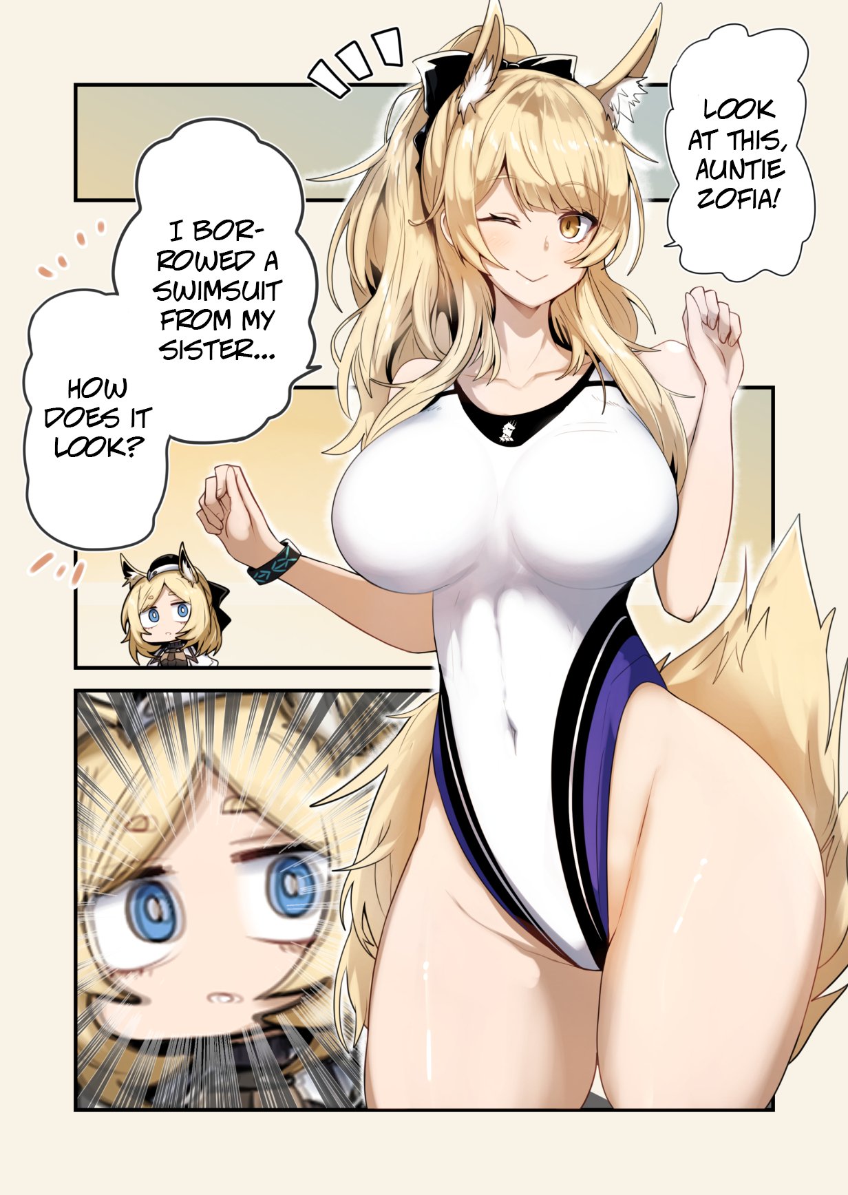 2girls ;) animal_ear_fluff animal_ears animal_tail arknights big_breasts big_thighs blemishine_(arknights) blonde_hair blue_eyes blush breasts chibi collarbone curvaceous curvy cute extra_ears eyebrows_visible_through_hair form_fitting giant_breasts gin_moku gold_eyes hair_ribbon hairbow happy hat headgear headwear hips horse_ears horse_girl horse_tail huge_breasts huge_thighs large_breasts large_thighs legs light-skinned_female light_skin long_hair massive_breasts massive_thighs navel one_eye_closed ponytail posing ribbon seductive seductive_look seductive_pose shocked shocked_expression slim_waist smile speechless surprised swimsuit thick_legs thick_thighs thighs tight_clothing voluptuous waist wasp_waist whislash_(arknights) wide_hips wide_thighs wink wristband