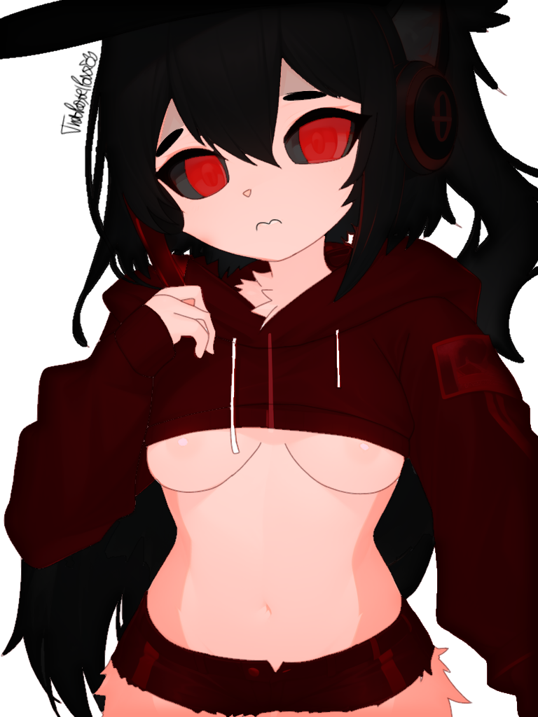 areolae black_hair cute dark_hair demon_eyes digital_media_(artwork) exposed_breasts female headphones long_hair medium_breasts shy thatpastelfoxxo