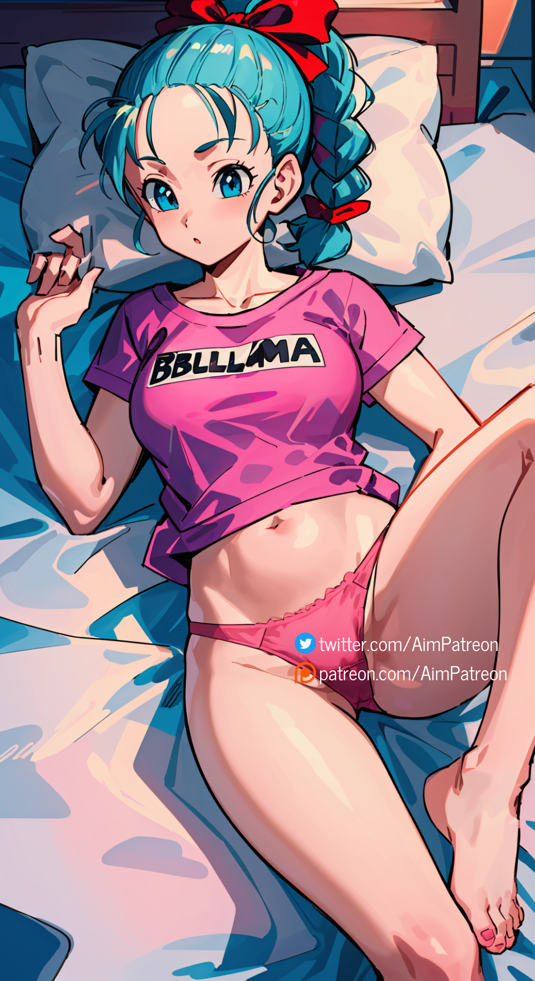 1girls, ai generated, aim patreon, aqua hair, barefoot, bed, bed sheet, blue eyes, bow, braid, breasts, bulma, bulma (dragon ball), bulma briefs, clothes writing, collarbone, dragon ball, dragon ball super, dragon ball z, earrings, english text, female, futon, hair ribbon, looking at viewer, lying, navel, on back, on bed, panties, pillow, pink panties, pink shirt, red ribbon, ribbon, self upload, shirt, solo, teenager, underwear